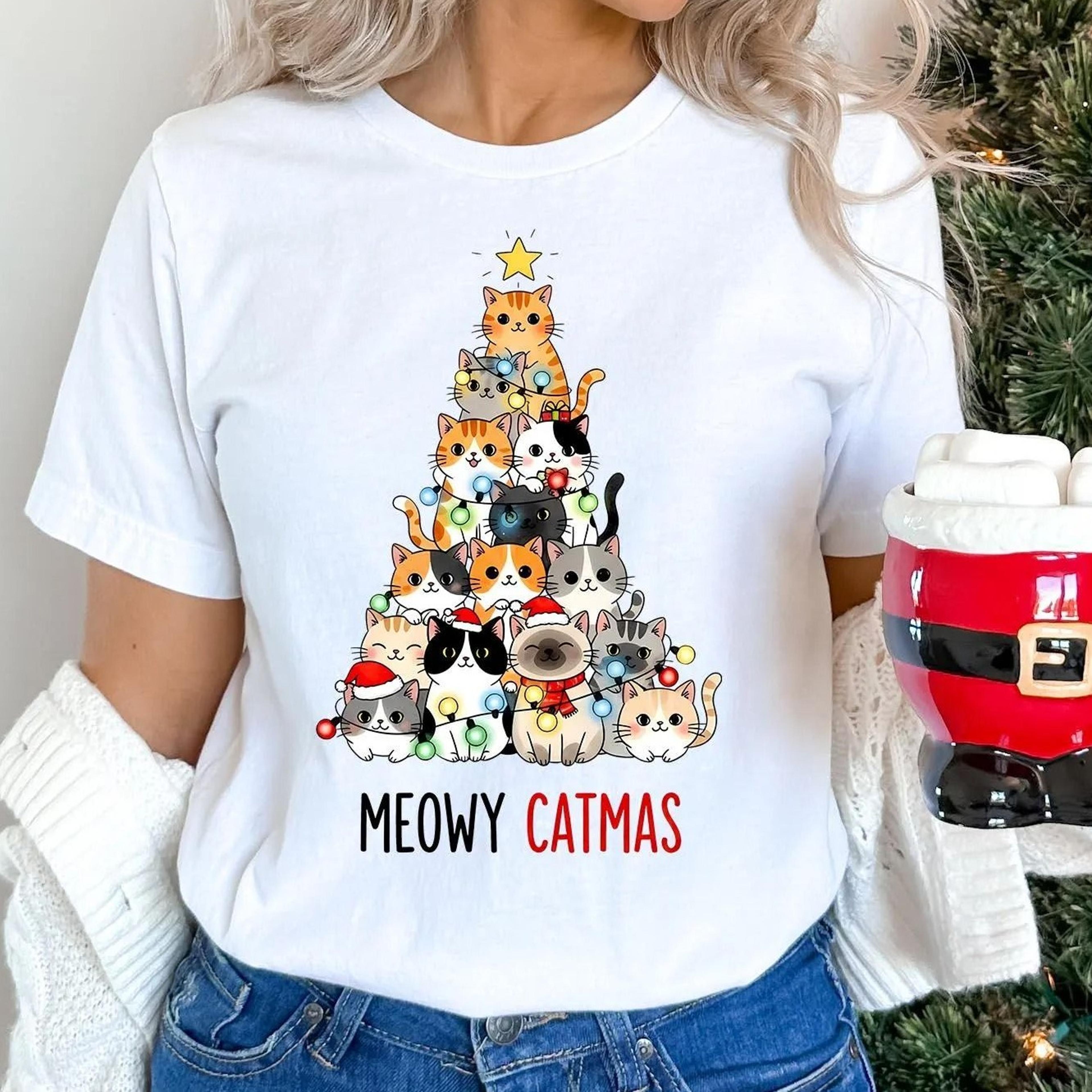 meowy catmas christmas tree shirt, cute cat christmas shirt, cat lover gift, womens christmas sweatshirt, holiday shirt,