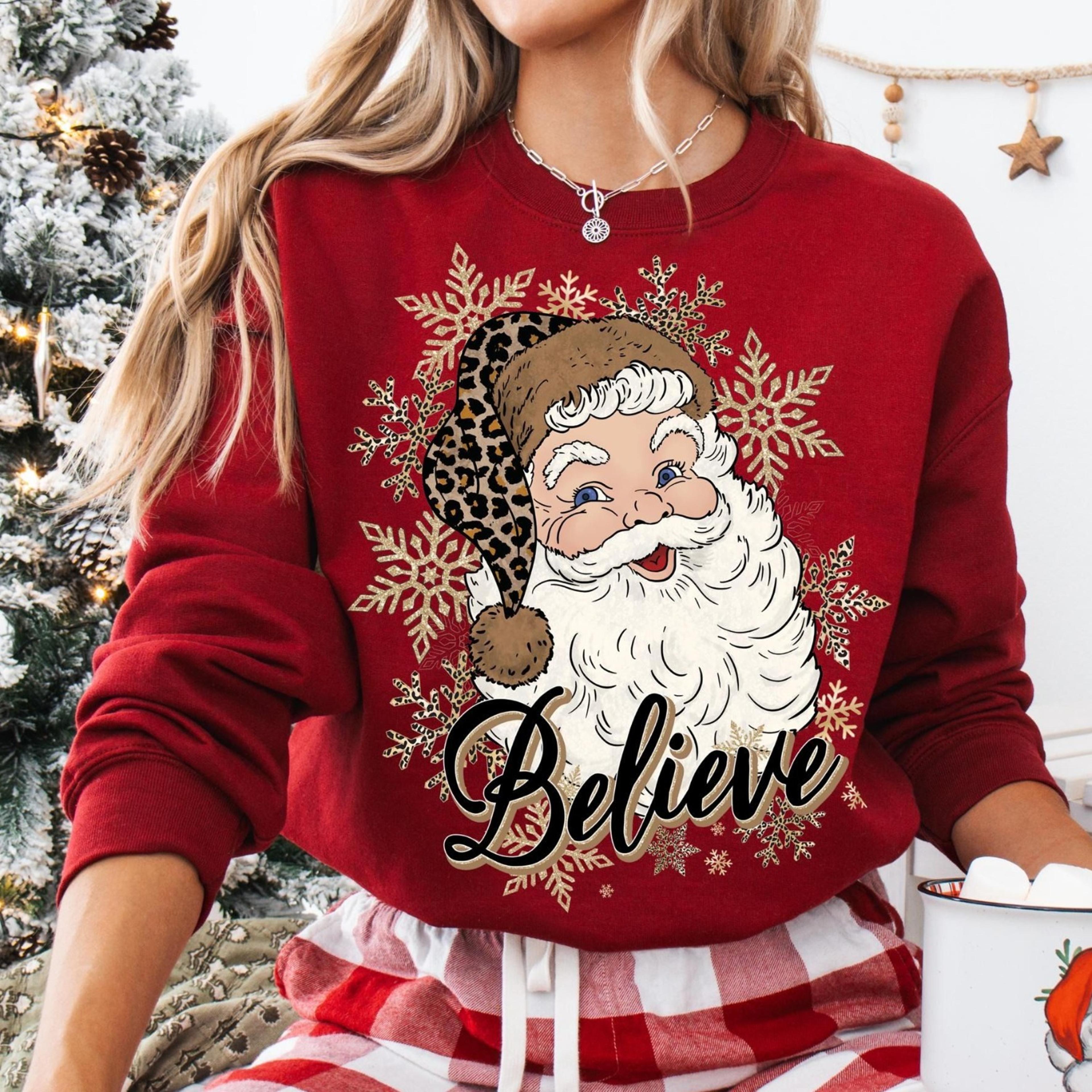 leopard santa believe sweatshirt, retro christmas t-shirt, animal print santa shirt, leopard christmas tees, cute christ