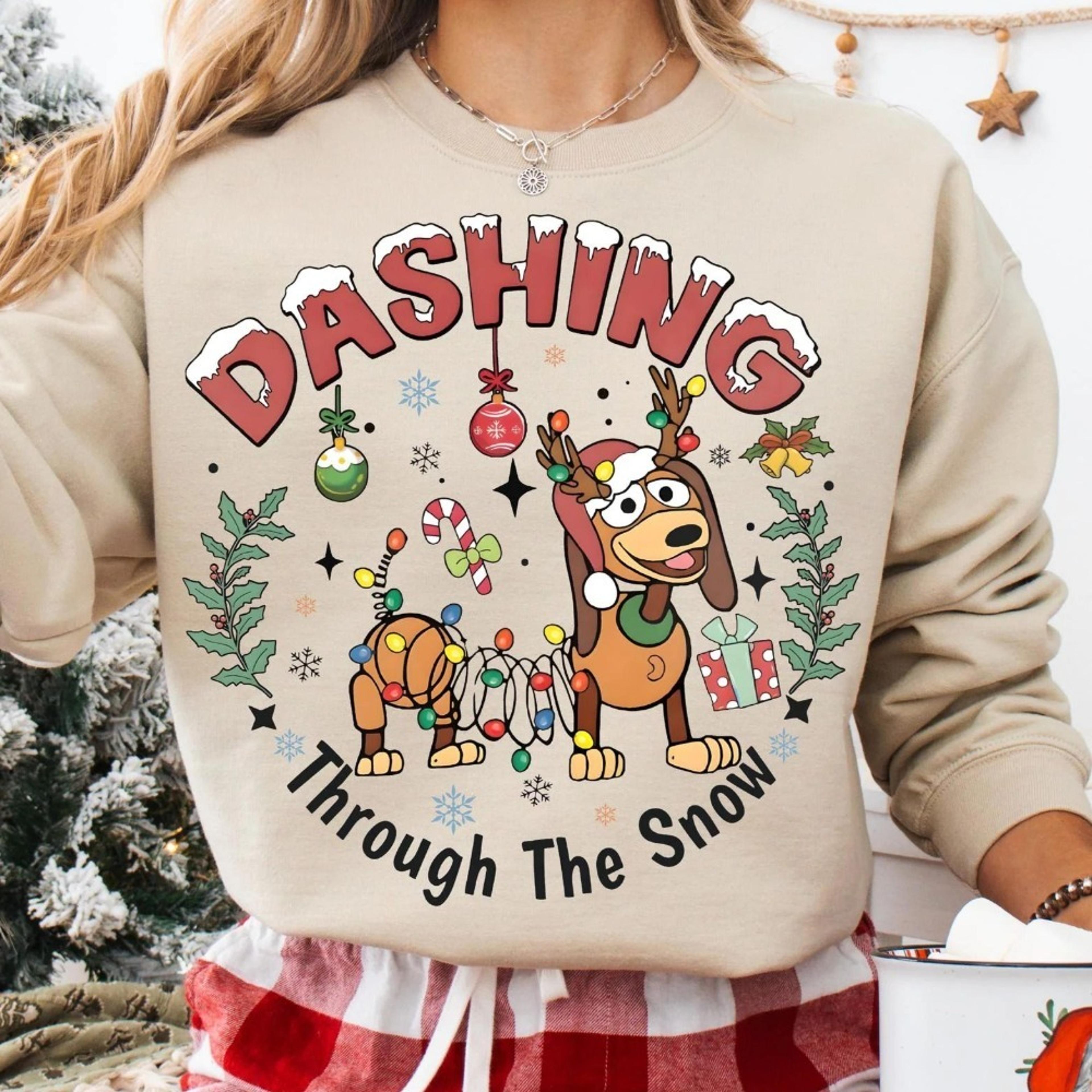 dashing through the snow slinky dog sweatshirt, toy christmas t-shirt, holiday shirt, family matching christmas trip tee