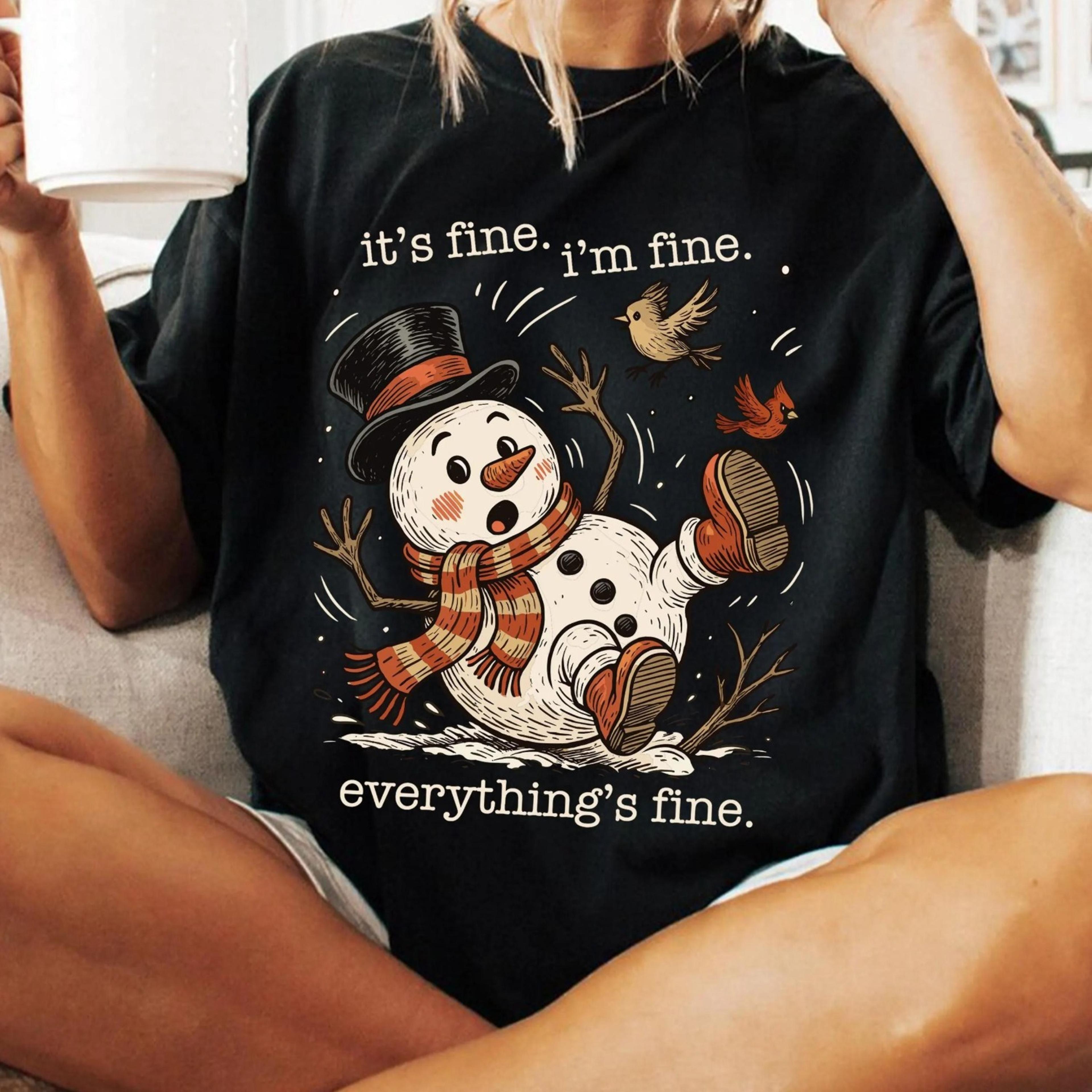 funny christmas mental health sweatshirt, its fine snowman shirt, vintage holiday party crewneck sweater, winter sarcast
