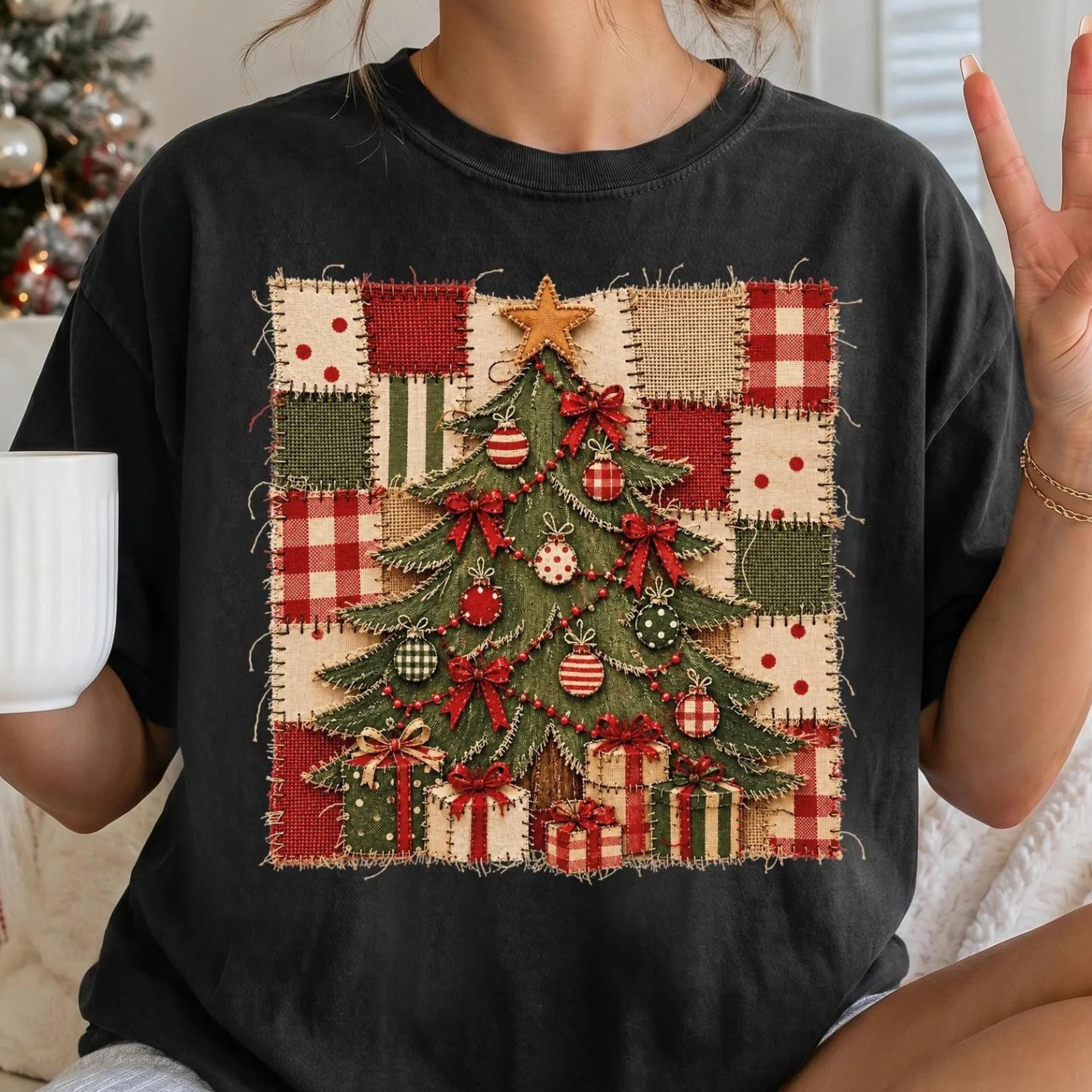 patchwork christmas tree shirt, christmas tree t-shirt, vintage christmas shirt, cozy holiday shirt, fes