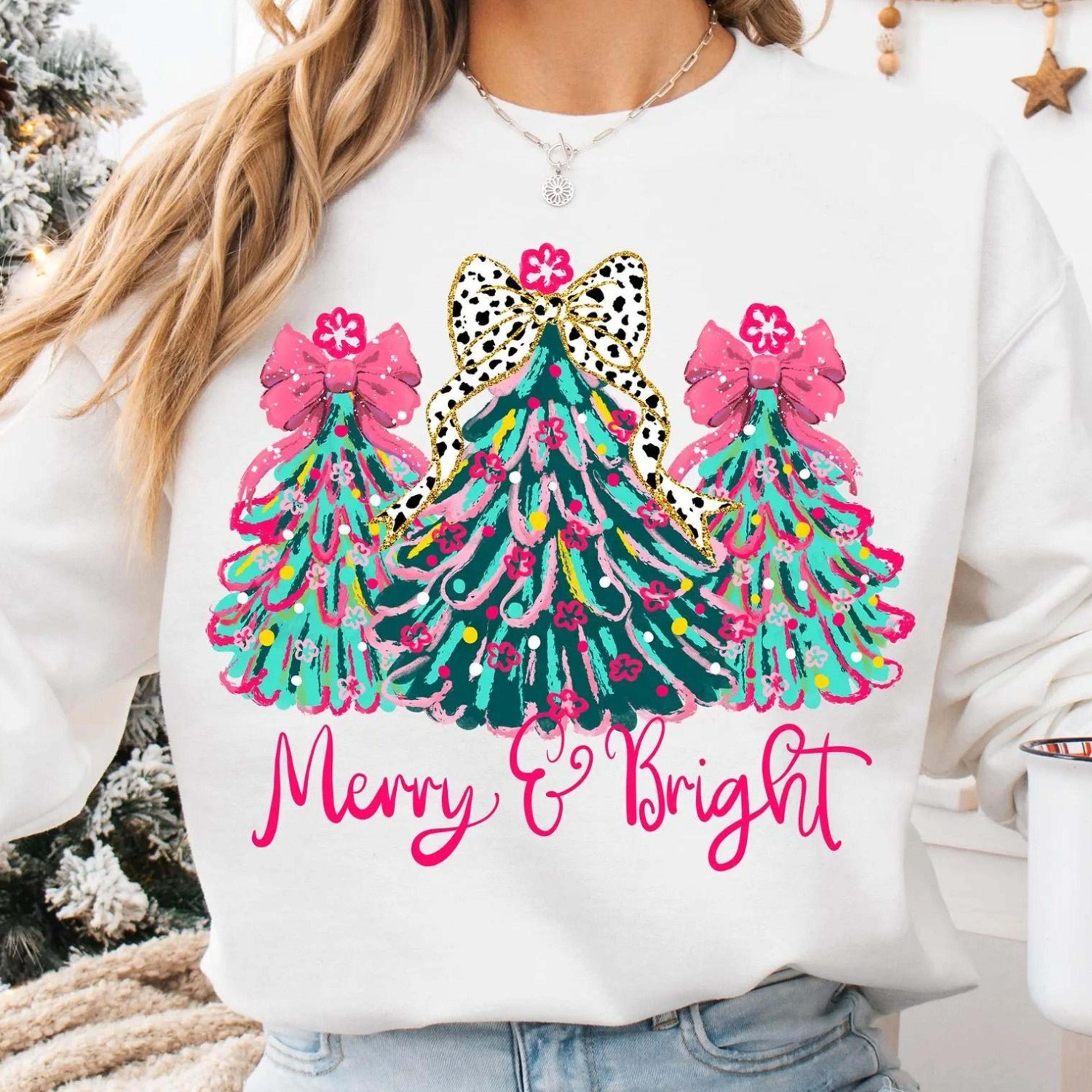 merry and bright trees sweatshirt, merry christmas shirt, xmas trees with bows shirt, merry xmas tee, ch