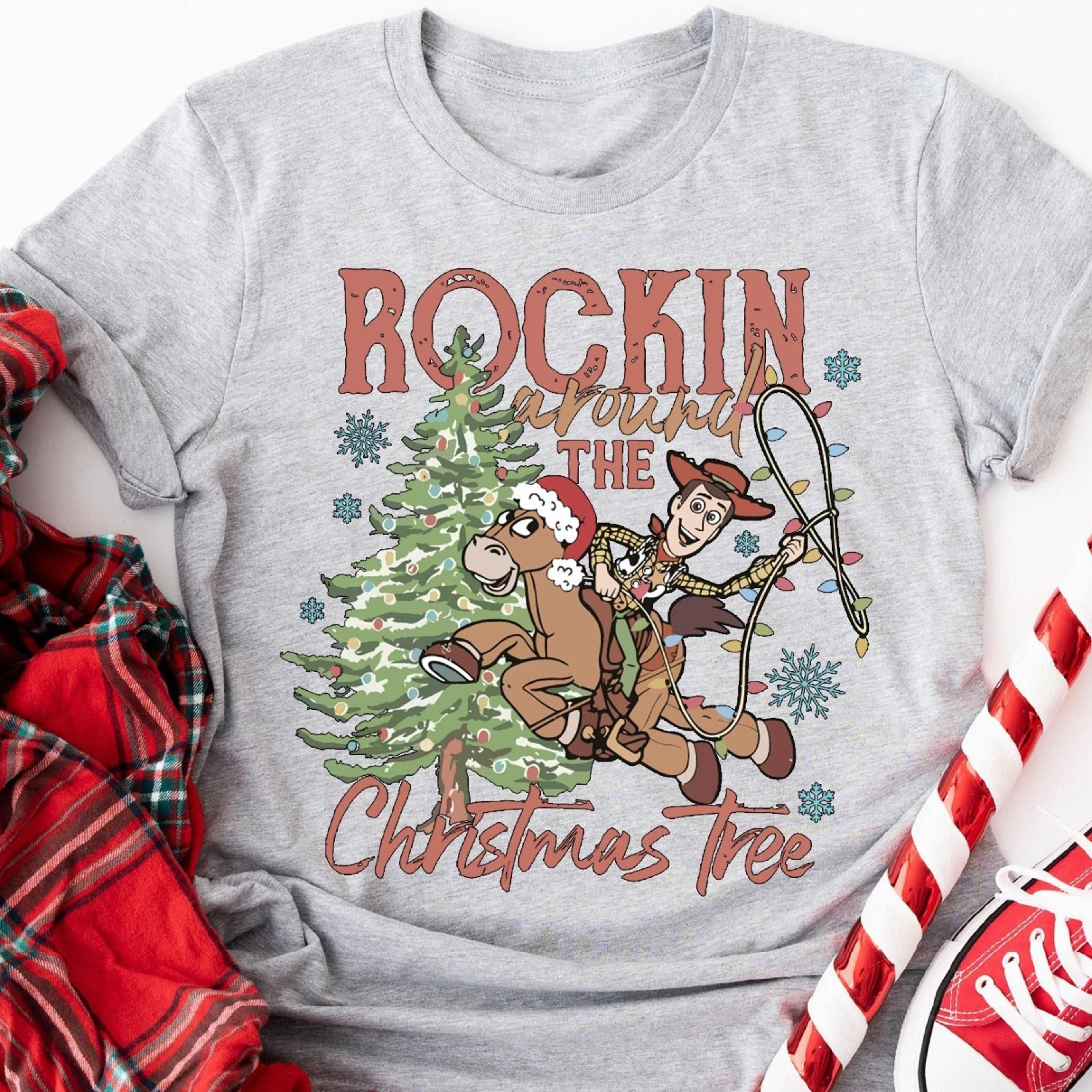 cowboy christmas shirt, rockin' holiday tree tee, retro holiday sweatshirt, winter cowboy & horse