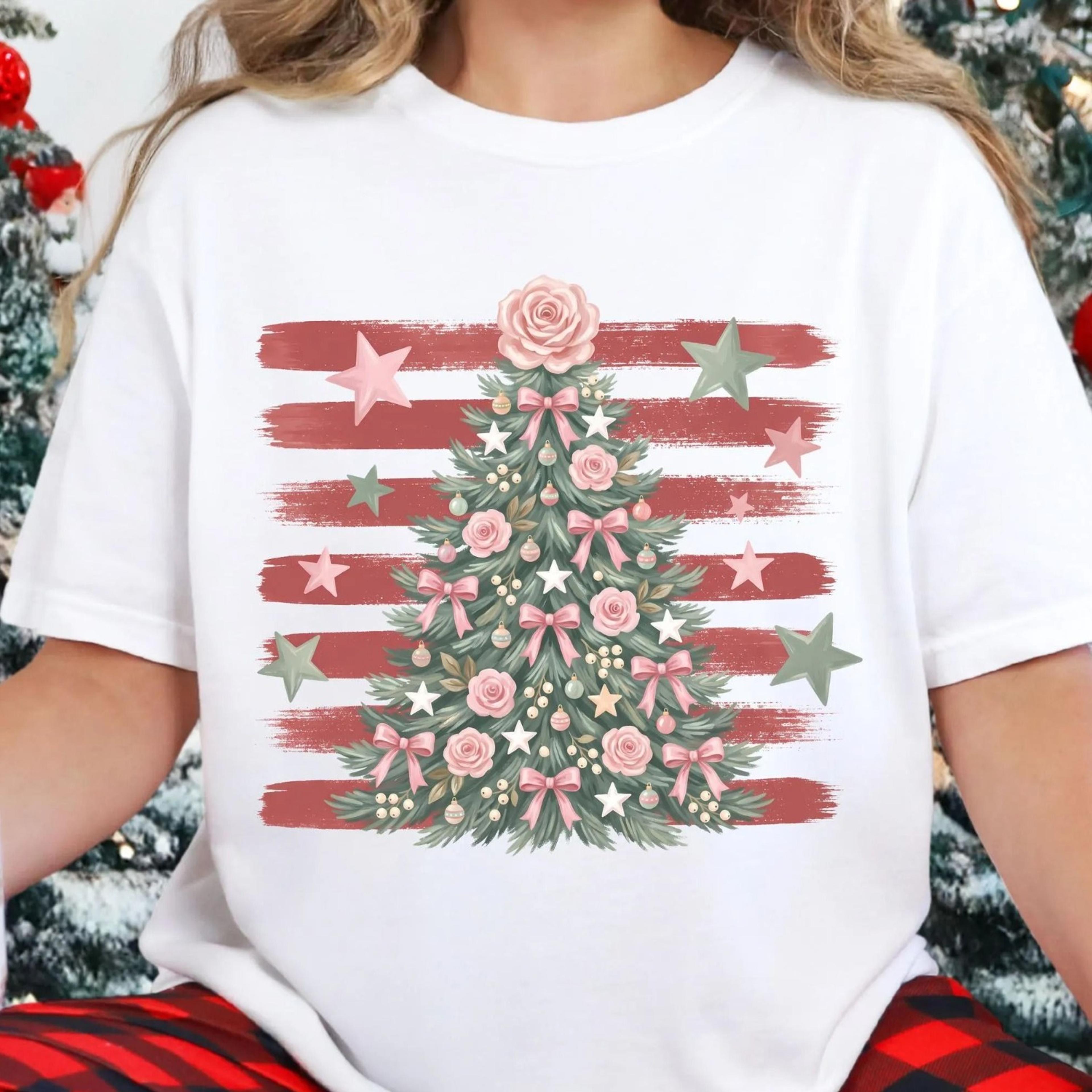 pink floral christmas tree t-shirt, coquette christmas tree shirt, christmas aesthetic tee