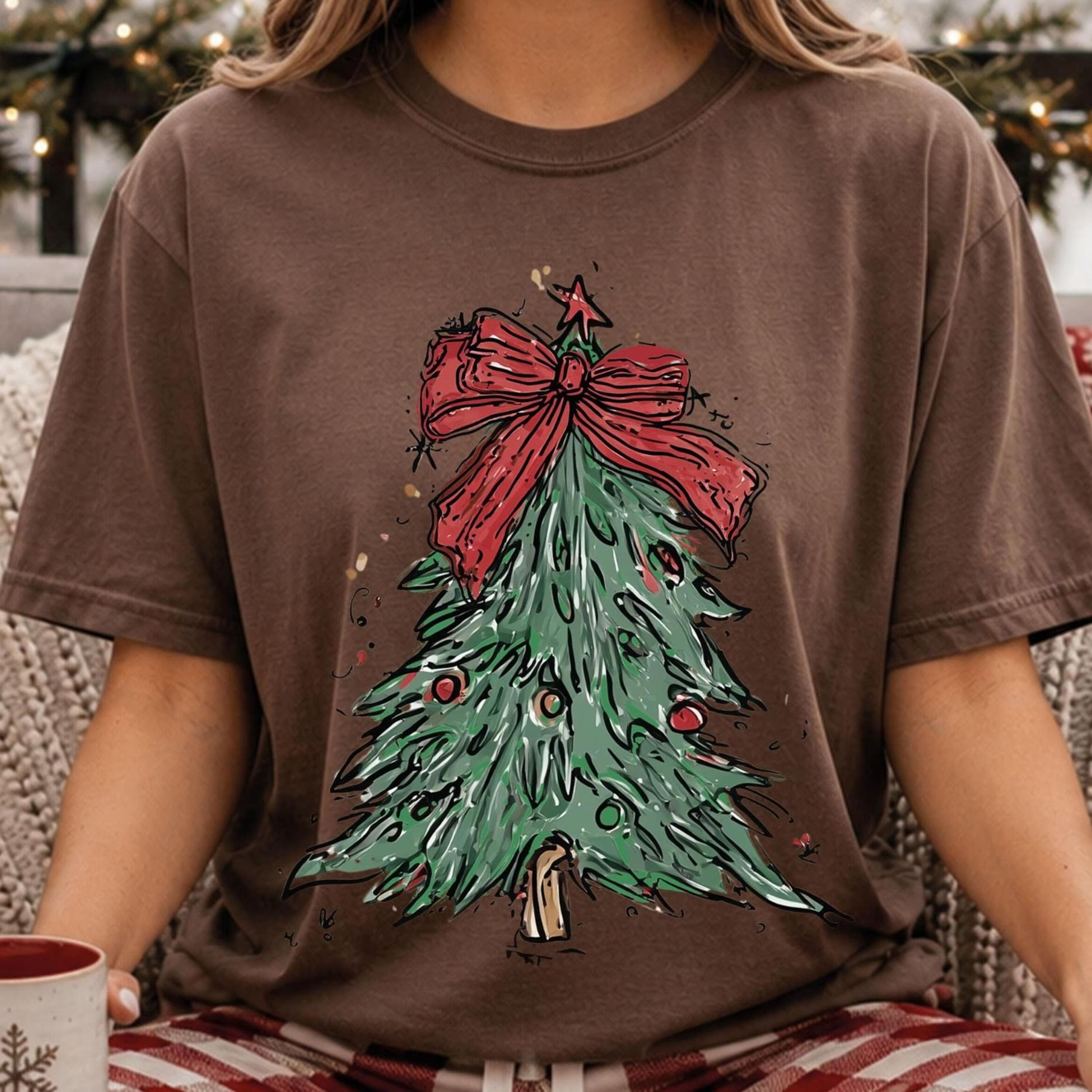 retro christmas tree t-shirt, trendy christmas coquette bow shirt, christmas gift