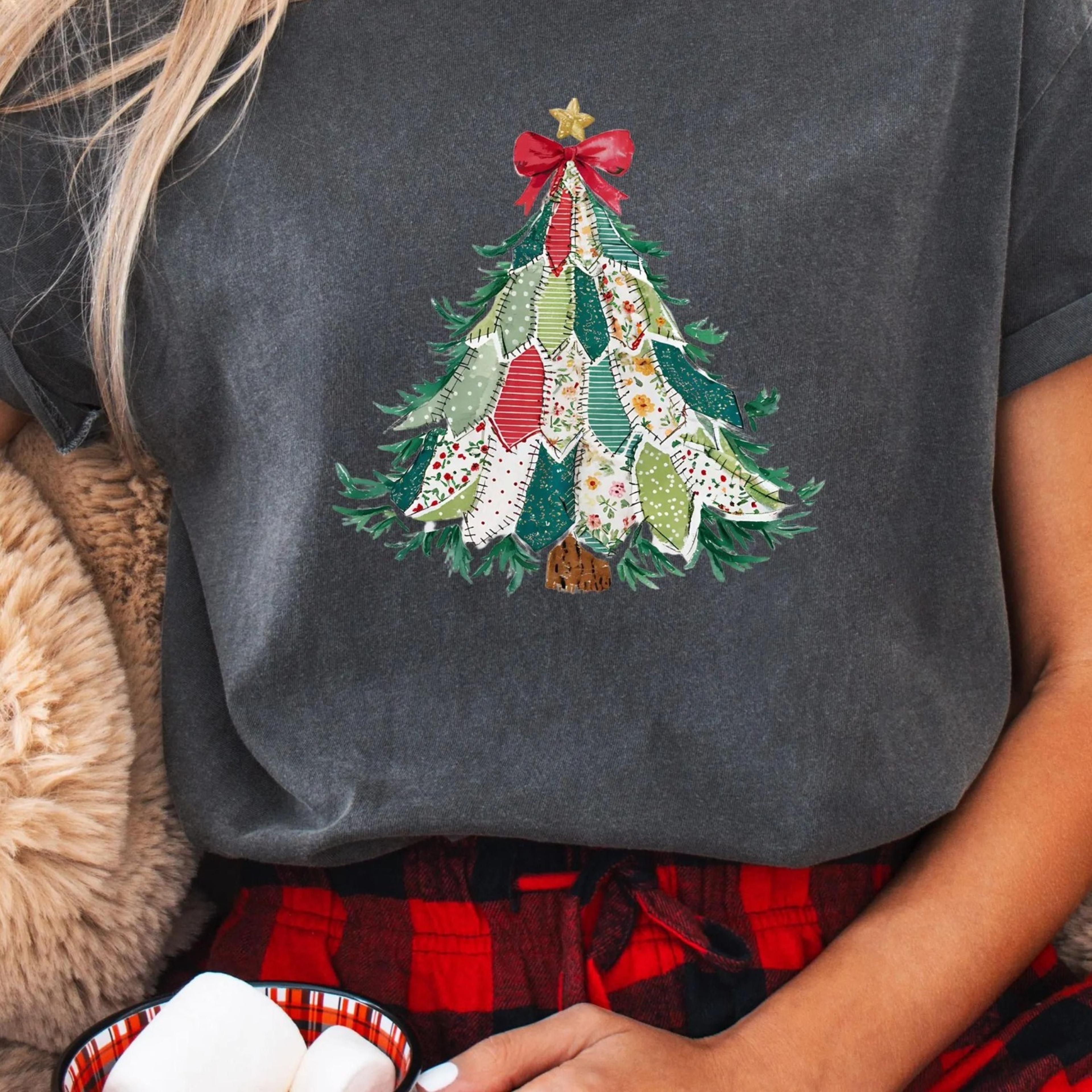 patch work christmas tree shirt, coquette bow tree shirt, christmas woman shirt, winter shirt