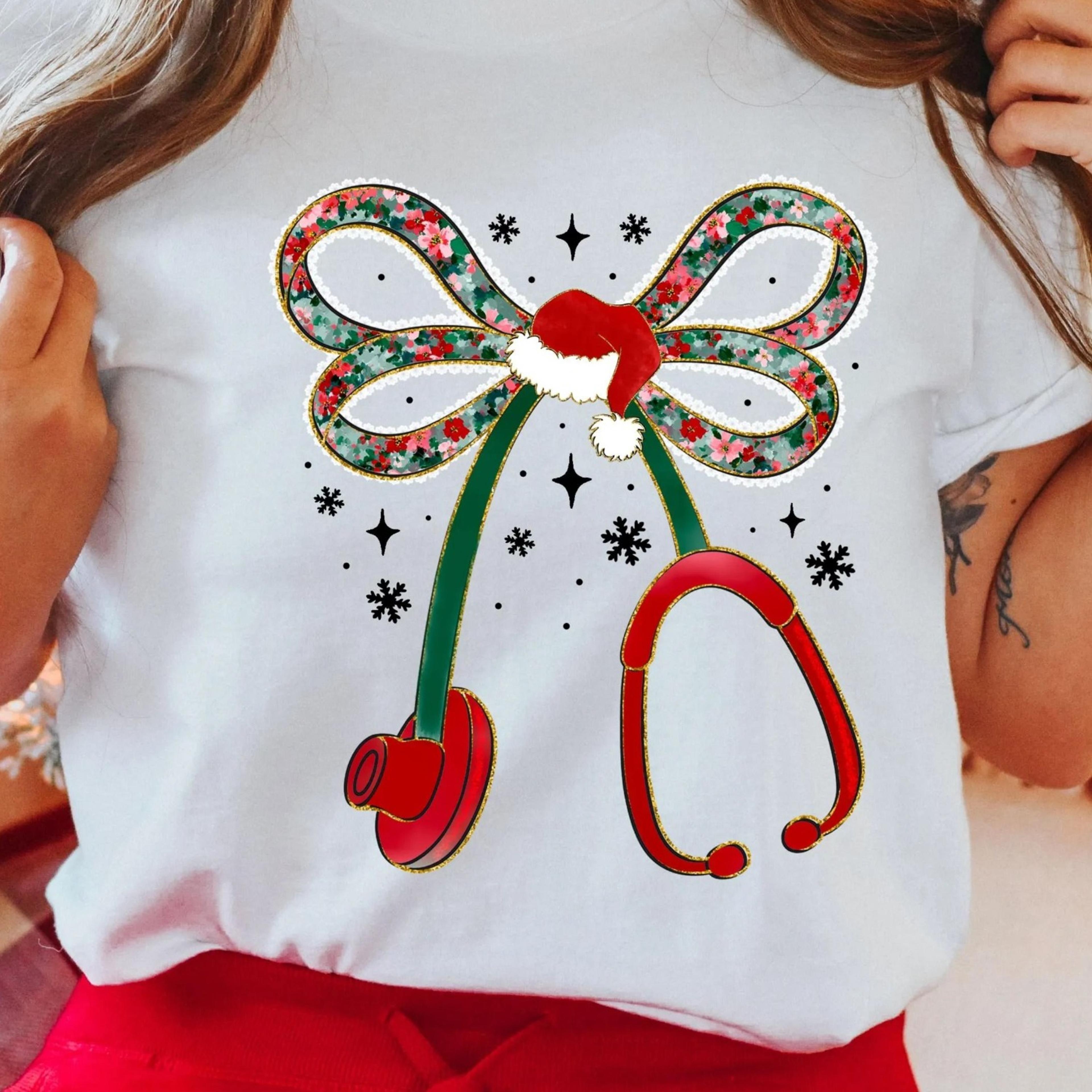 christmas stethoscope bow t-shirt, nurse christmas shirt, coquette bow xmas shirt, nurse xmas gift, bow christmas t-shir