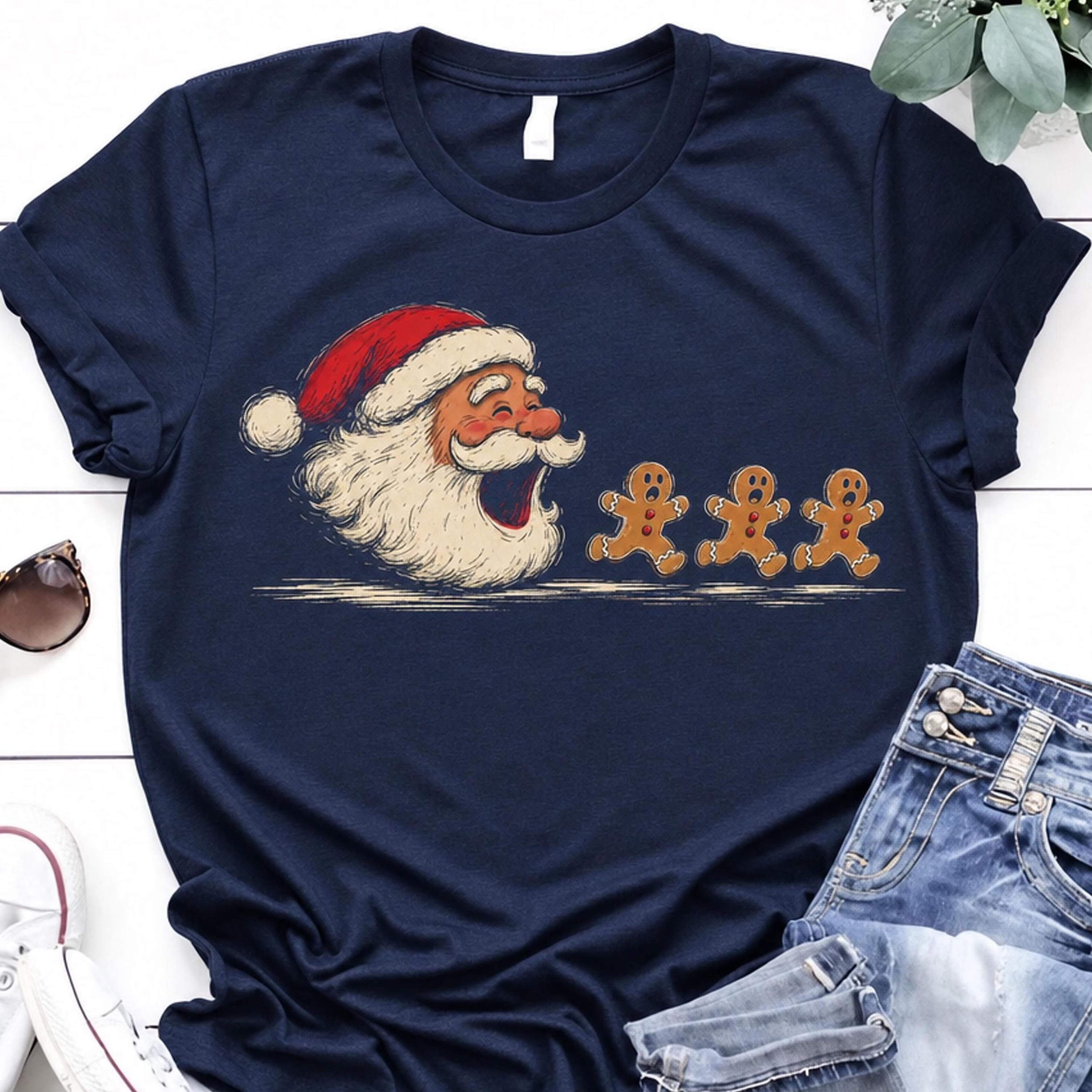 santa chasing gingerbread men shirt, funny vintage christmas tee, retro gingerbread cookie graphic tee, bella canvas