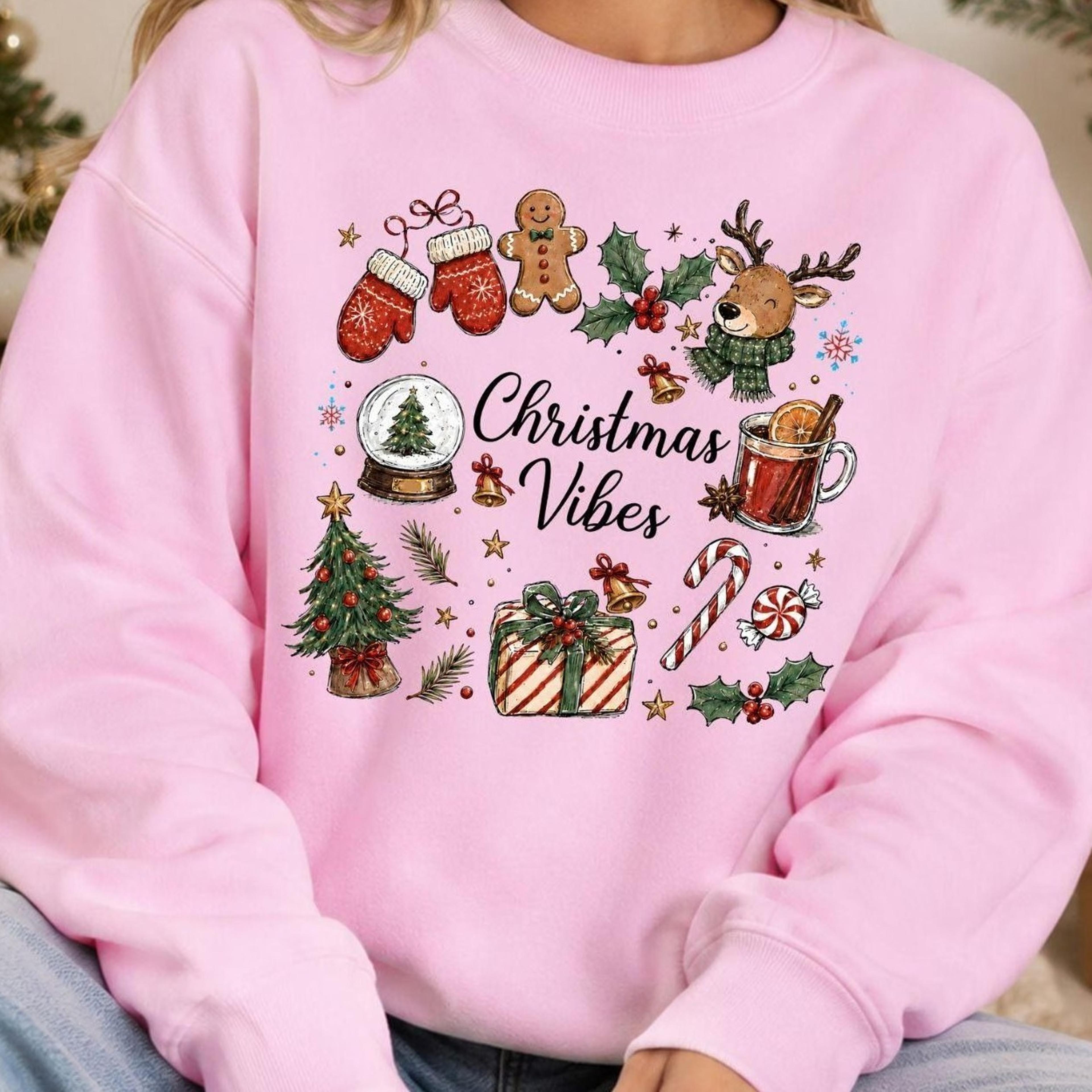 christmas vibes sweatshirt, cute christmas collage crewneck, cozy xmas doodle sweater, womens holiday gift top, hand dra