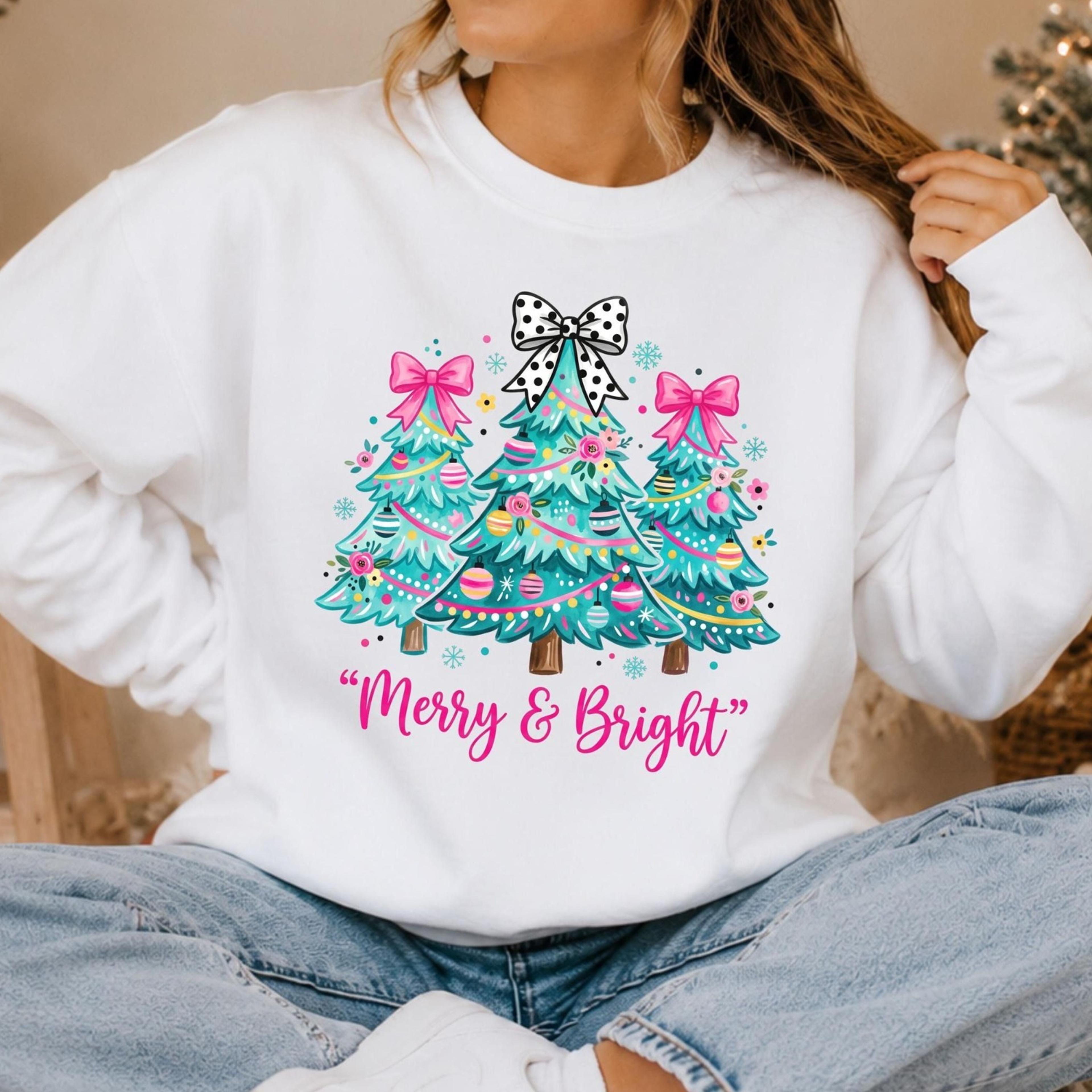merry and bright sweatshirt, pink coquette christmas crewneck, teal xmas tree sweater, cute holiday gift for her, pink b