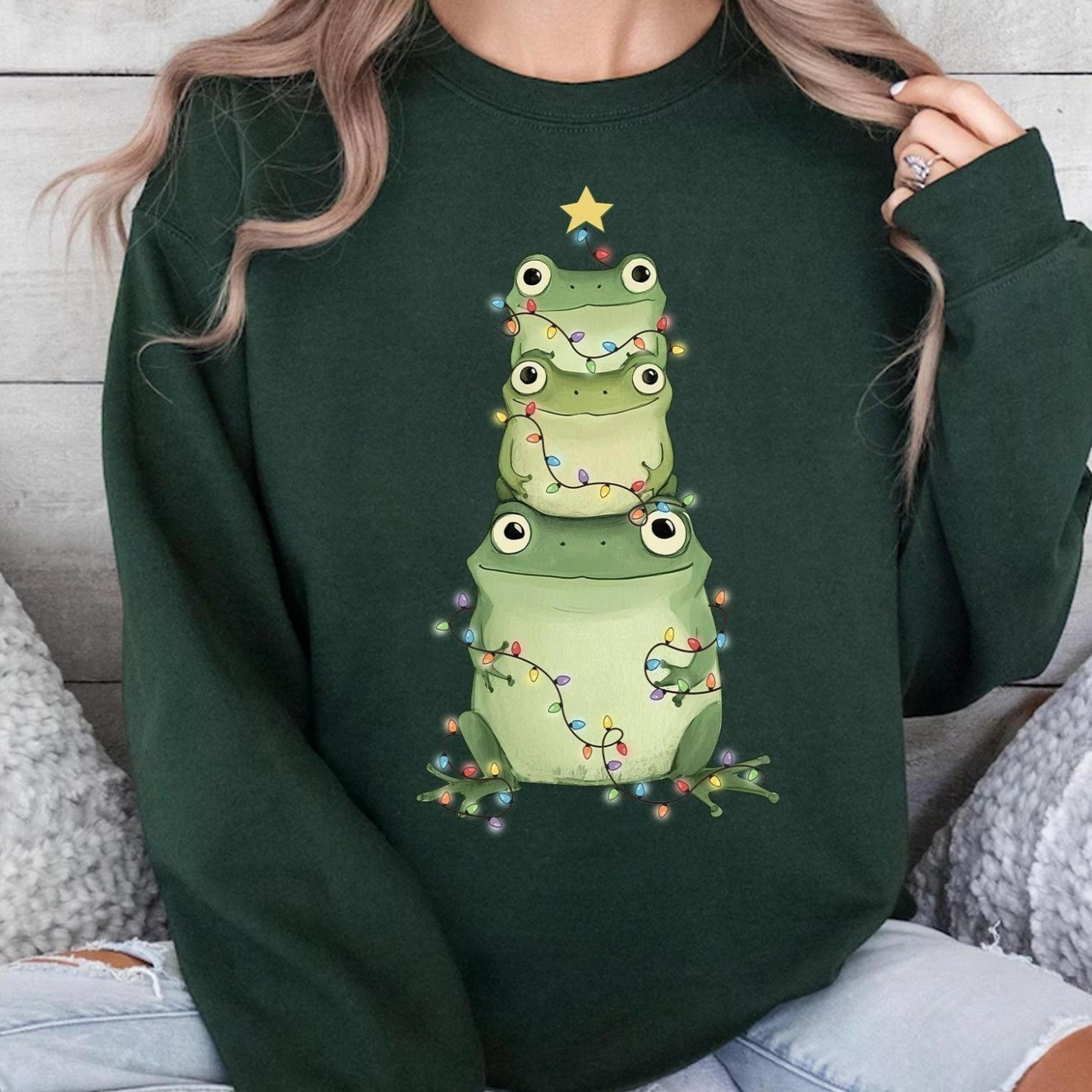 cute frog christmas tree shirt, women's christmas shirt