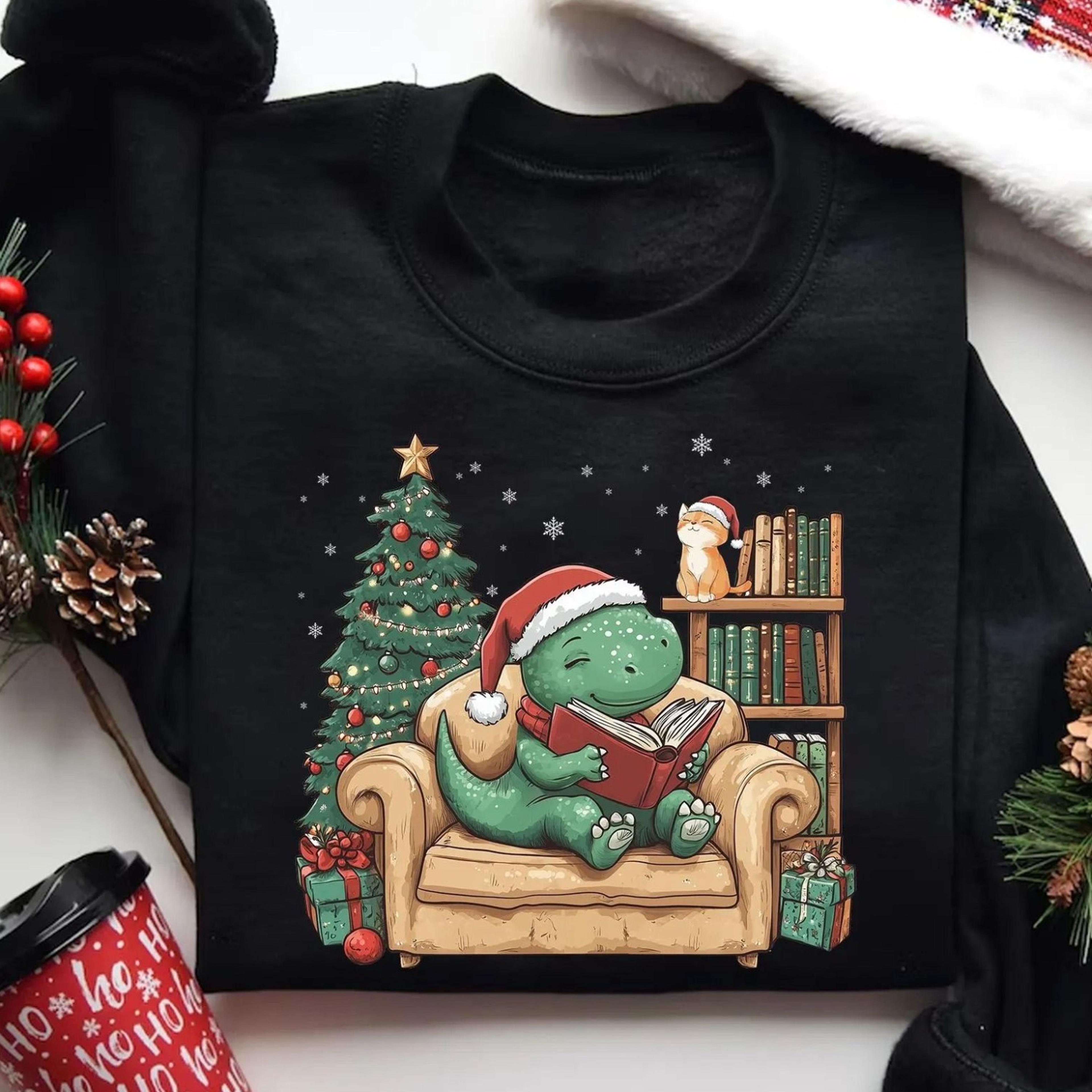 dinosaur reading christmas shirt, bookish teacher
