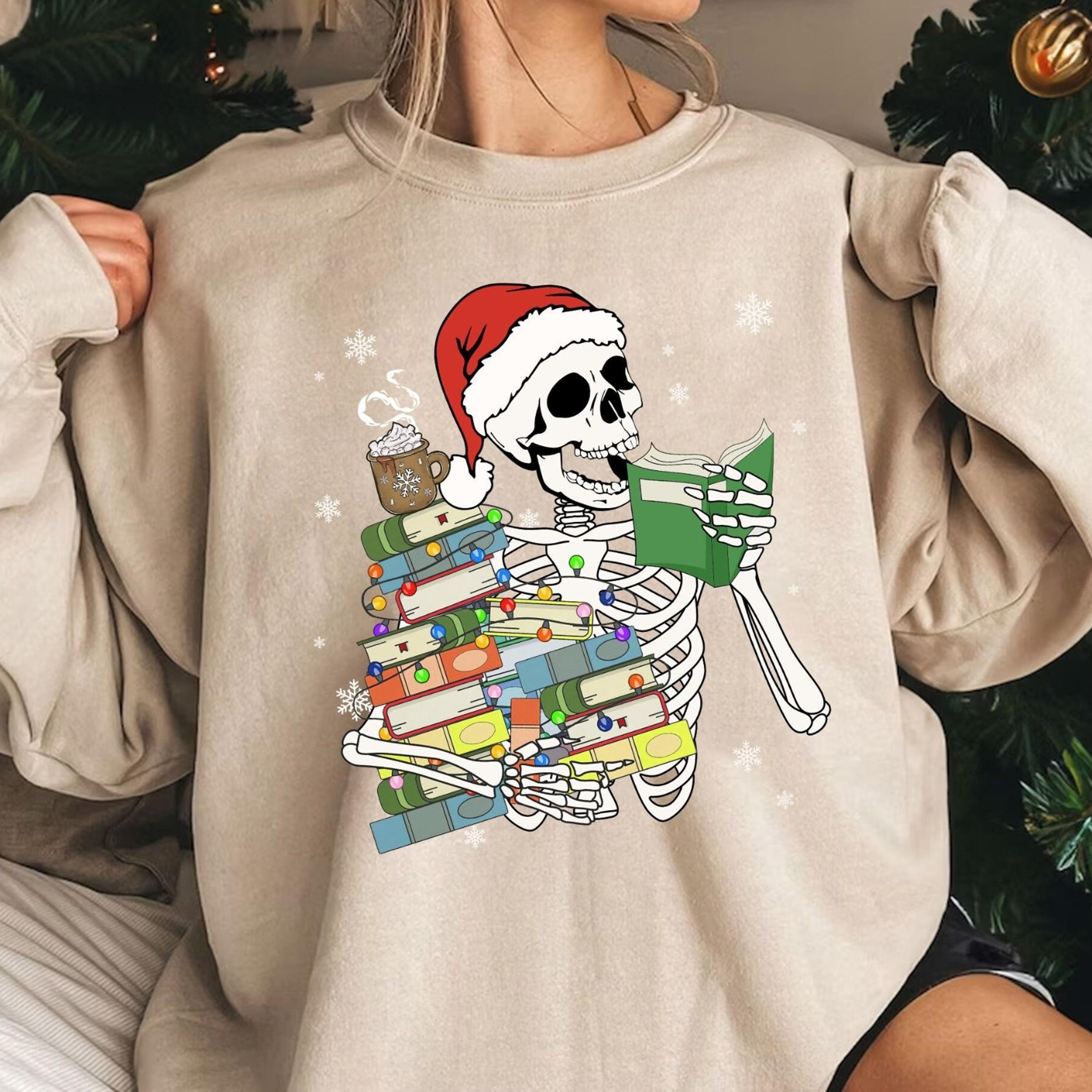 skeleton reading christmas t-shirt dead inside but jolly af shirt