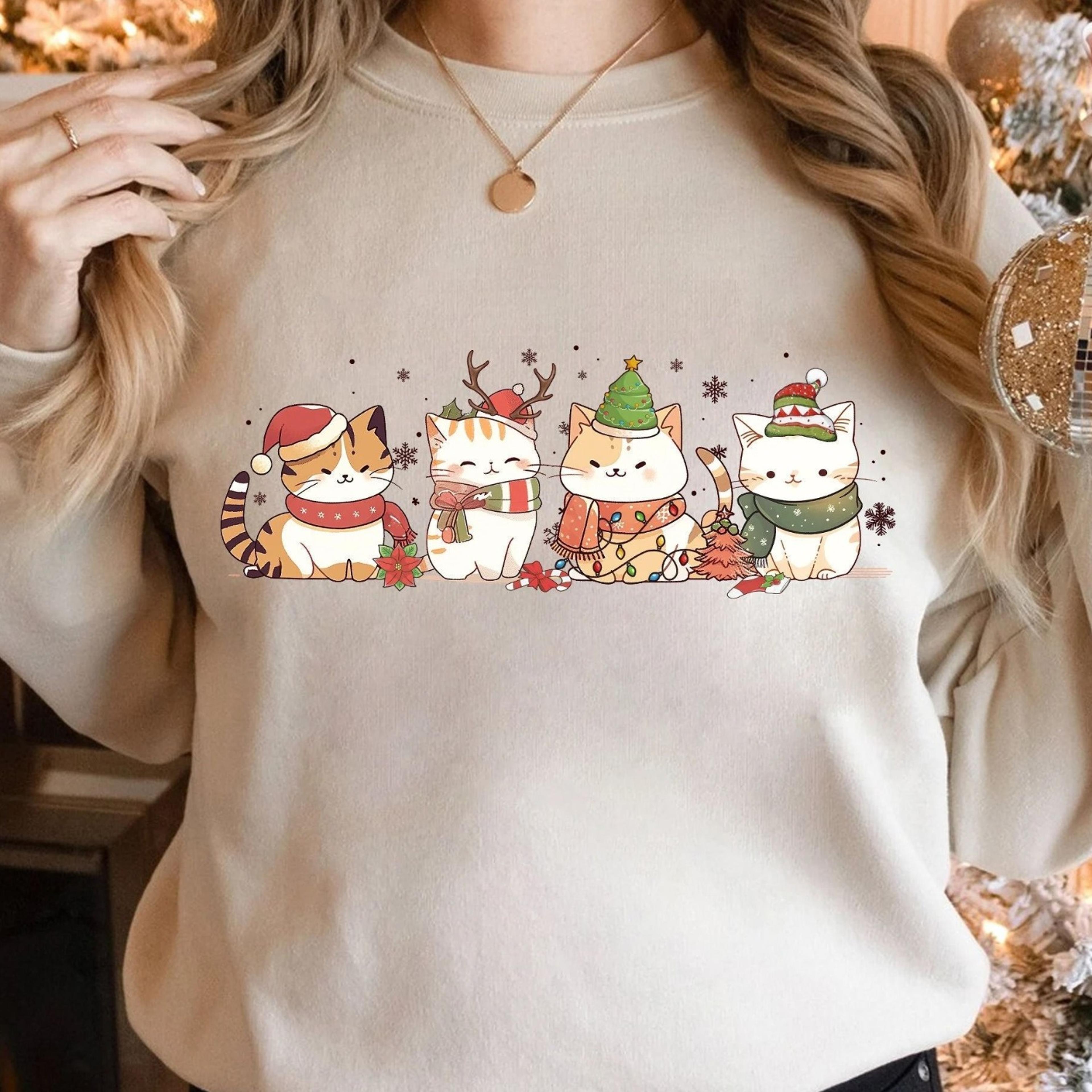 christmas cats cotton sweatshirt, meowy christmas shirt