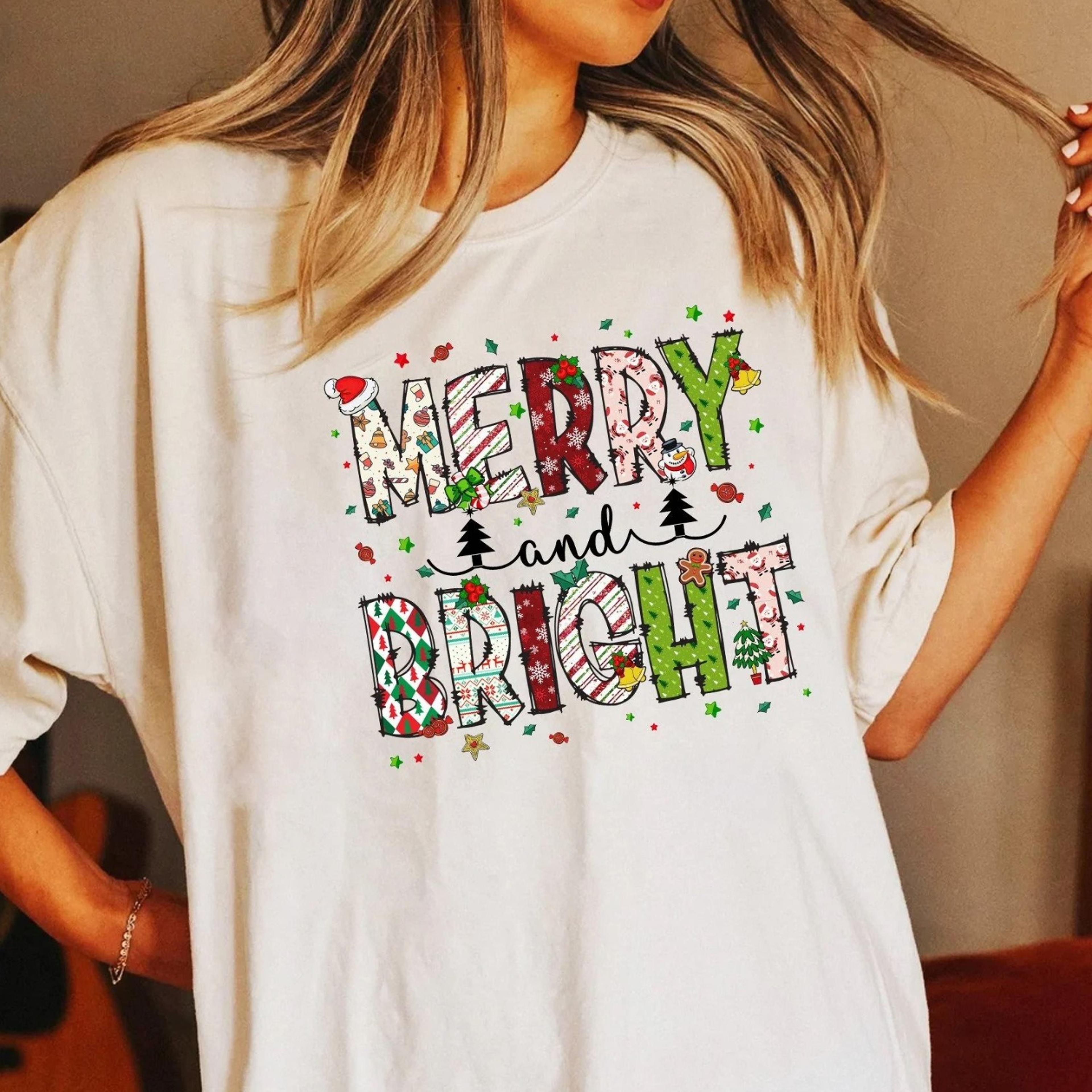 merry and bright christmas cotton t-shirt, women's holiday tee