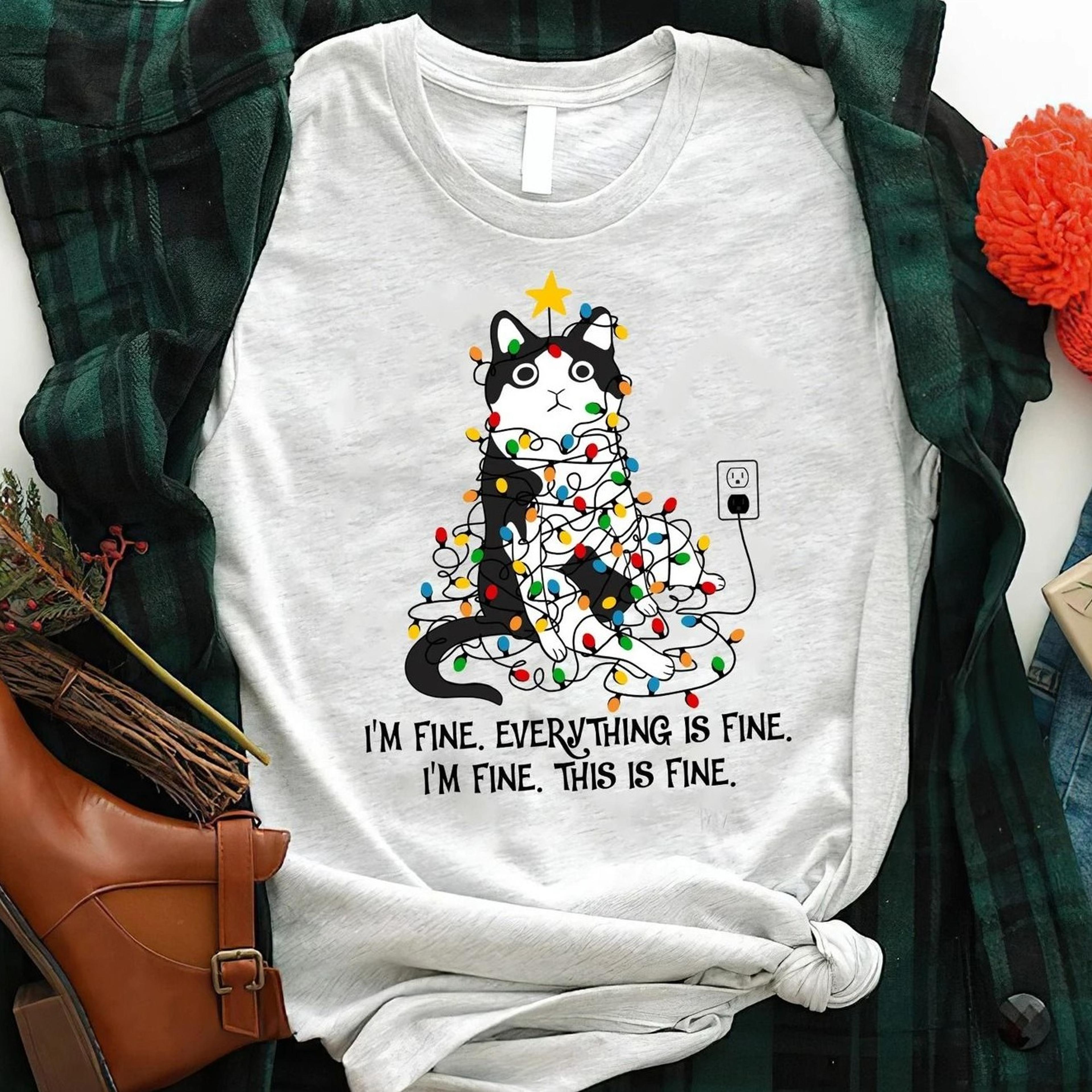 funny cat christmas lights shirt - everything is fine