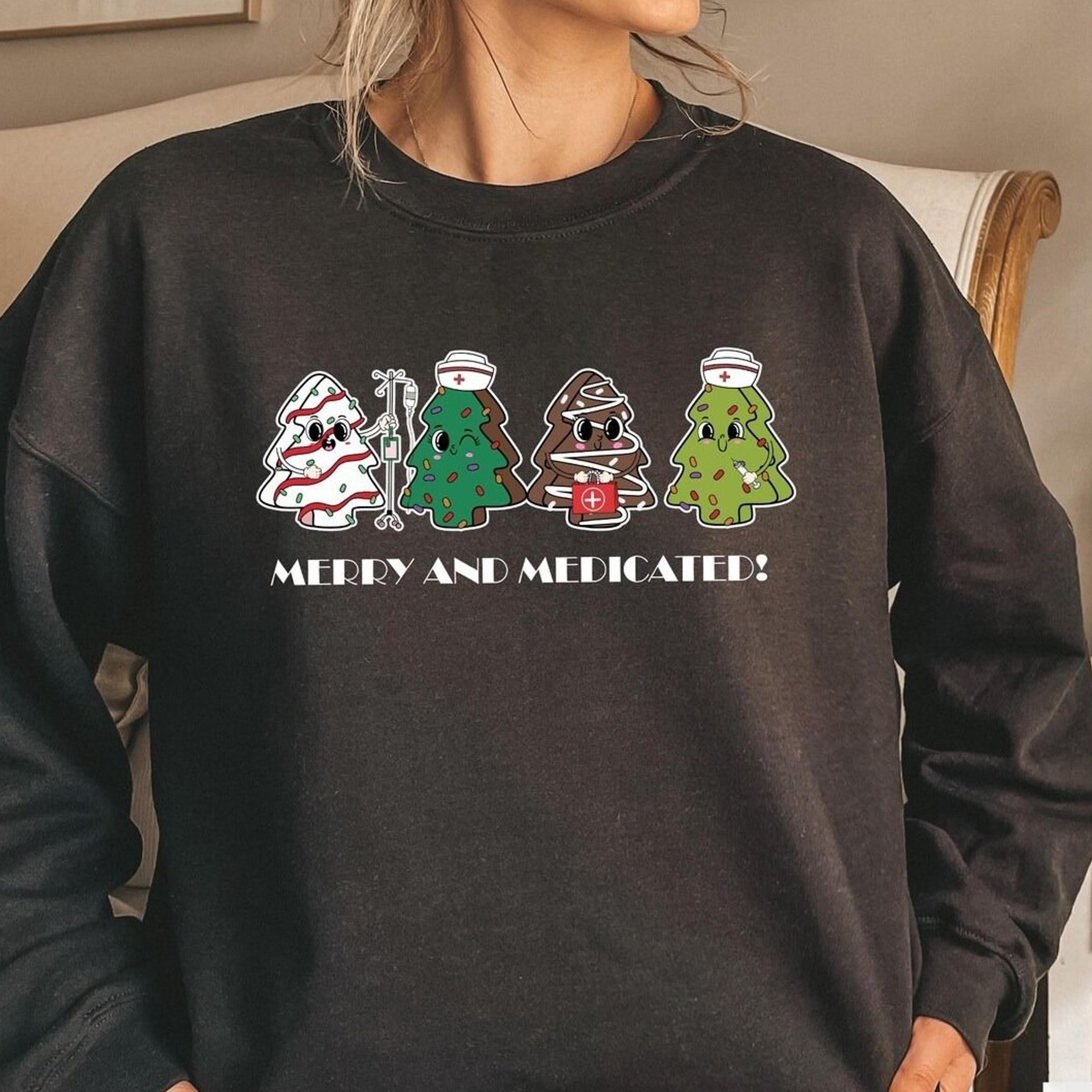 nurse christmas cake tree shirt, merry and medicated christmas nurse crewneck, er nurse crewneck sweater, rn nurse gift,