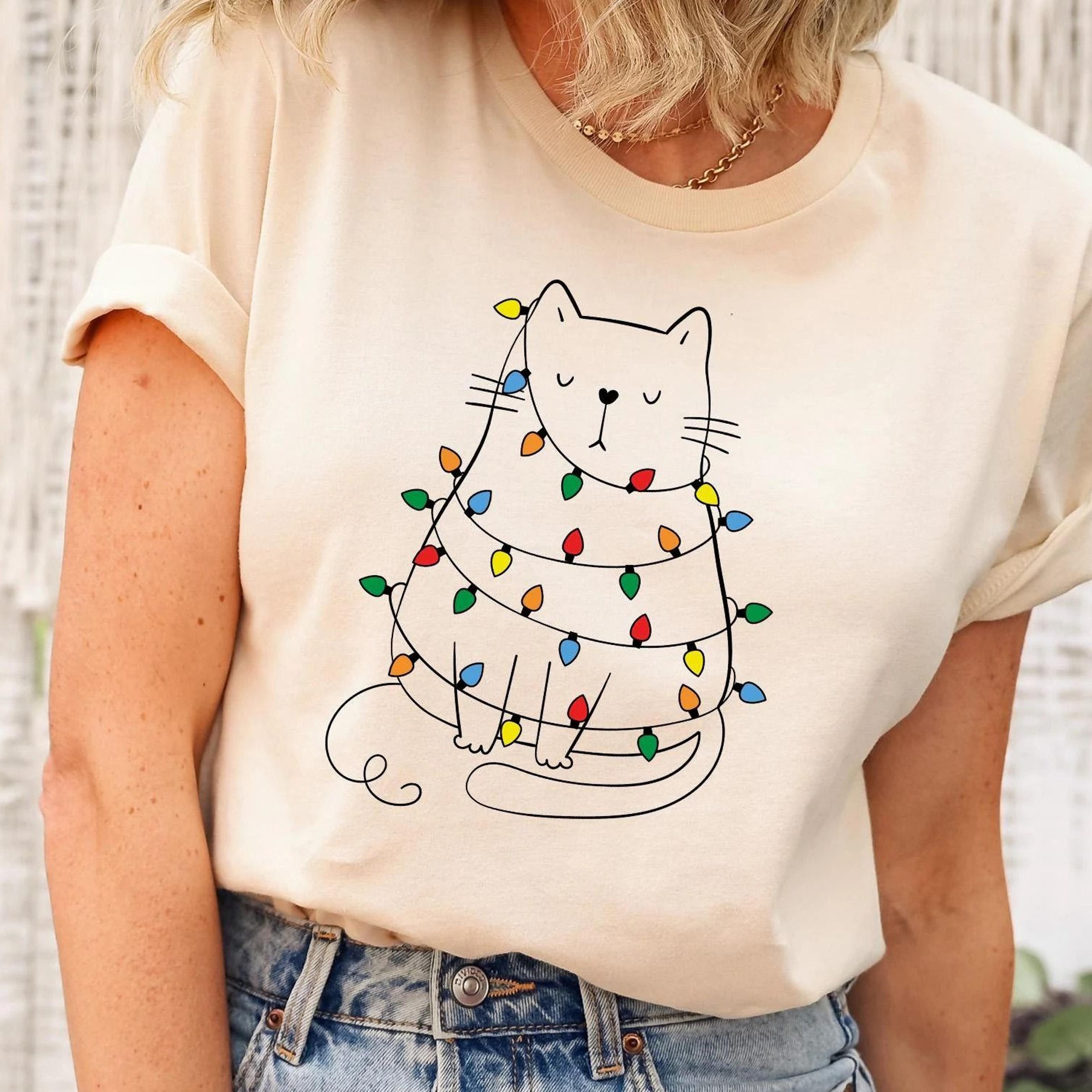 cute cat christmas lights shirt, christmas cat graphic tee, cat mom christmas gifts, funny christmas t-shirt, cat lover
