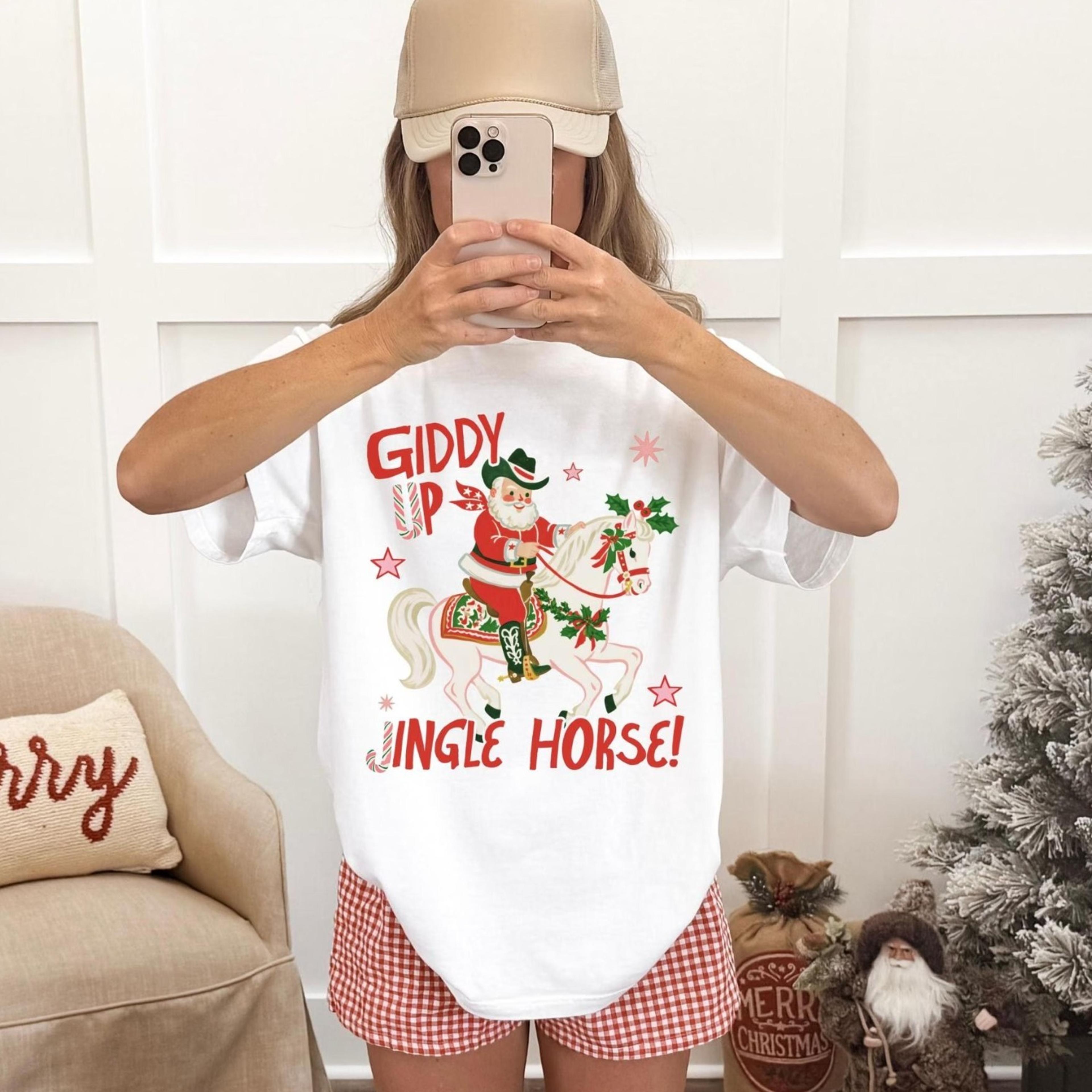 giddy up jingle horse, preppy western cowgirl christmas tshirt and crewneck, north pole rodeo shirt, cowboy santa tee, c