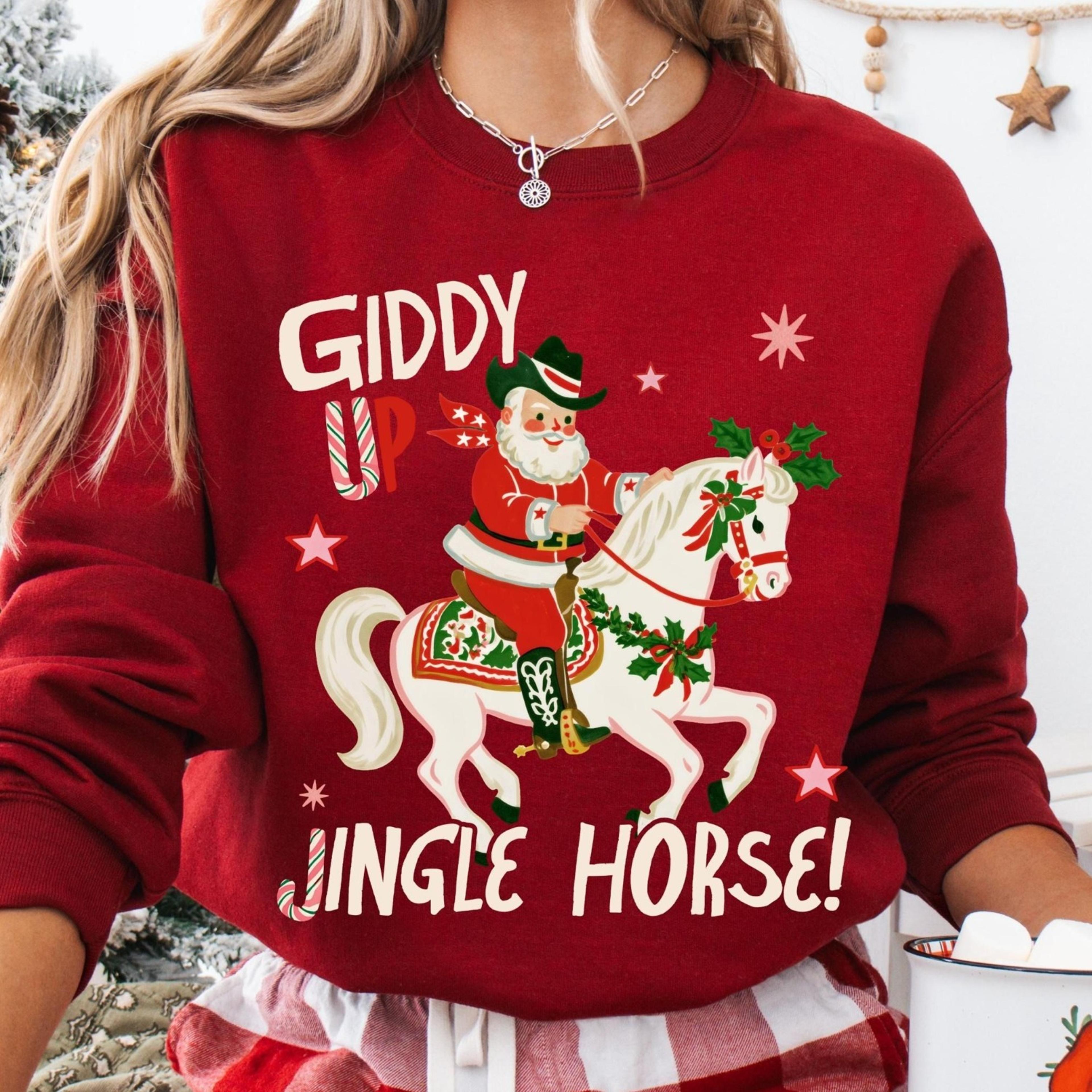 giddy up jingle horse, preppy western cowgirl christmas tshirt and crewneck, north pole rodeo shirt, cowboy santa tee