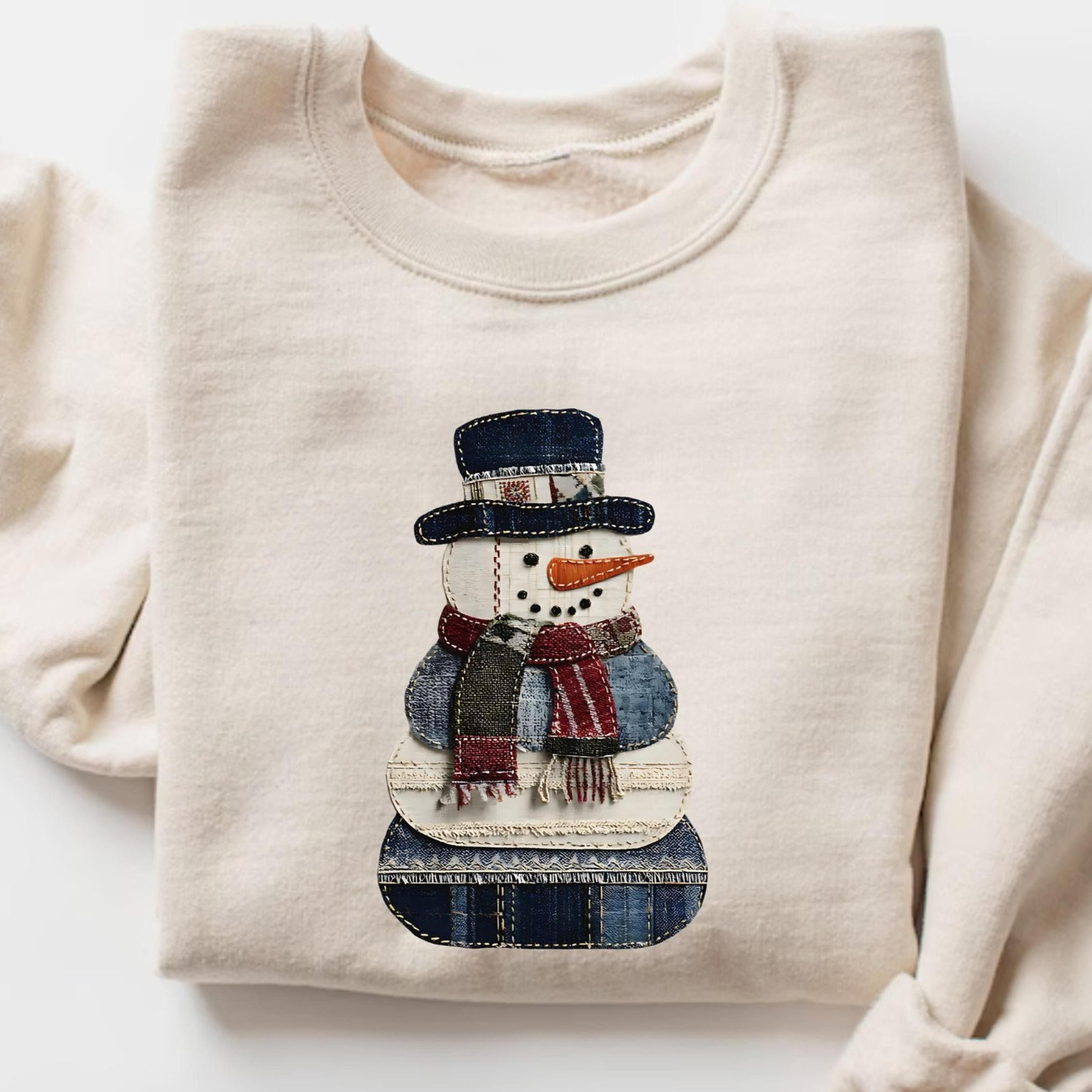 faux patchwork snowman christmas sweatshirt, snowman xmas sweater, patchwork christmas shirt snowman lover gift