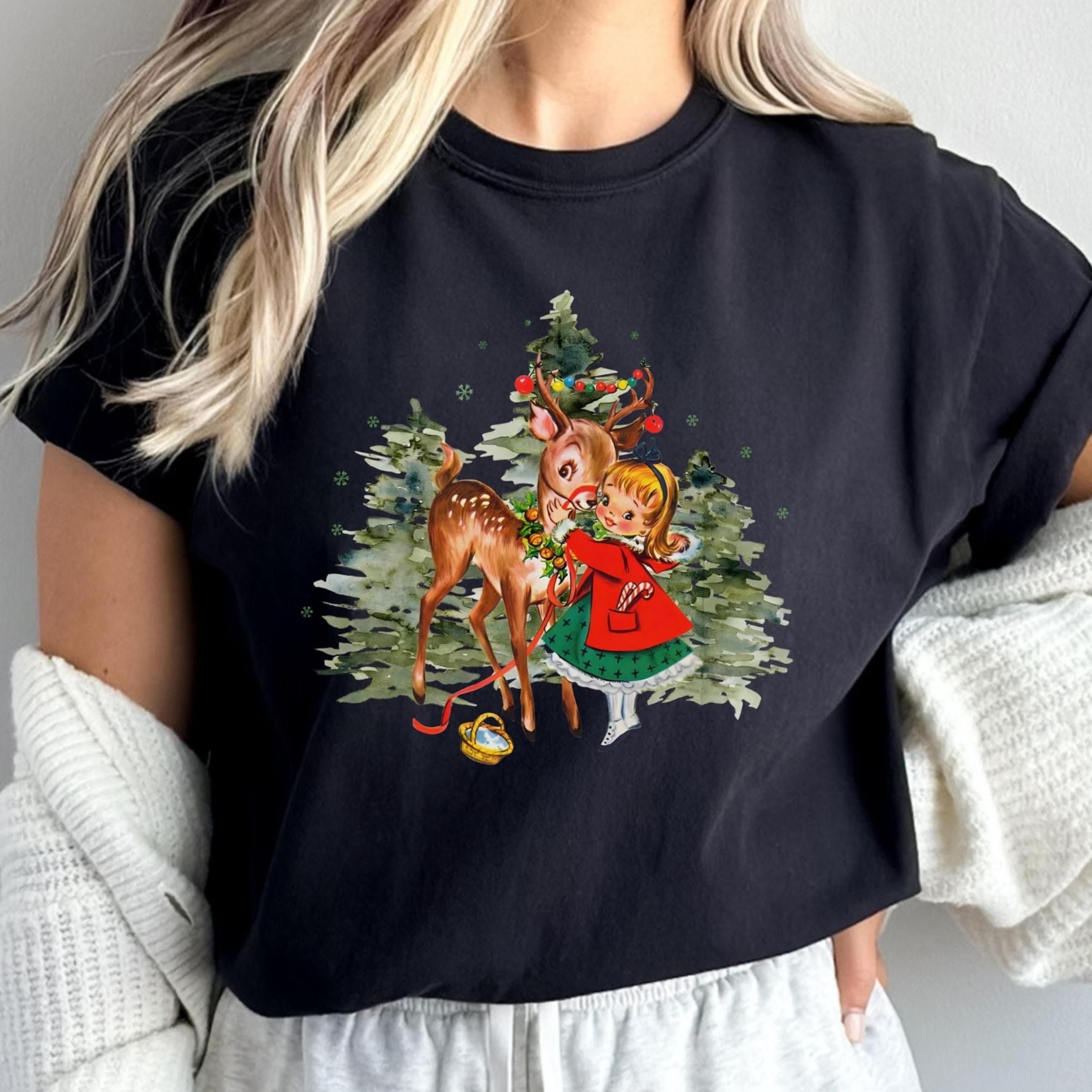 retro christmas girl and reindeer sweatshirt, vintage christmas girl and reindeer shirt, christmas tree sweater, vintage