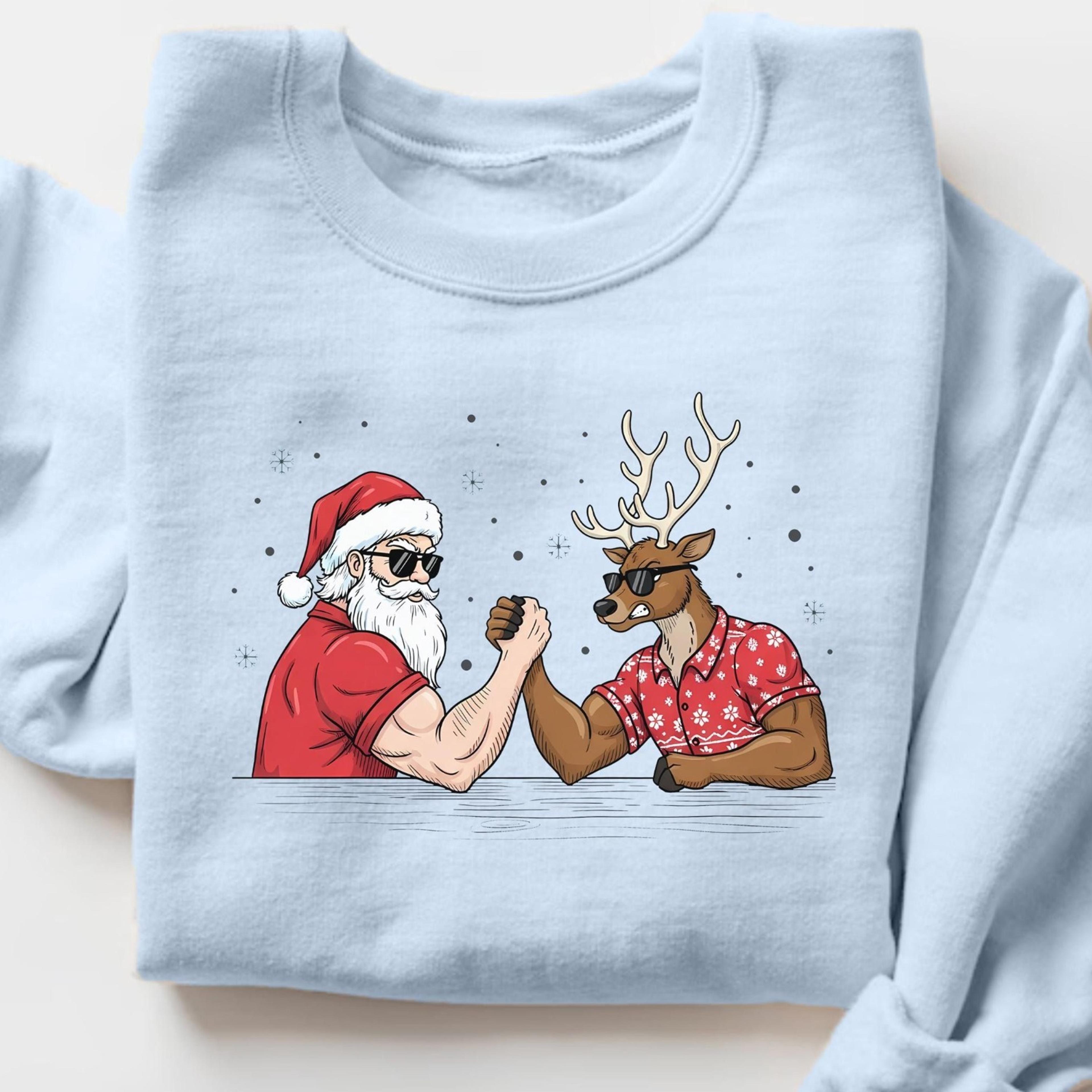 santa claus and reindeer arm wrestling christmas sweatshirt, arm wrestling xmas sweater, sporty christmas shirt, wrestli