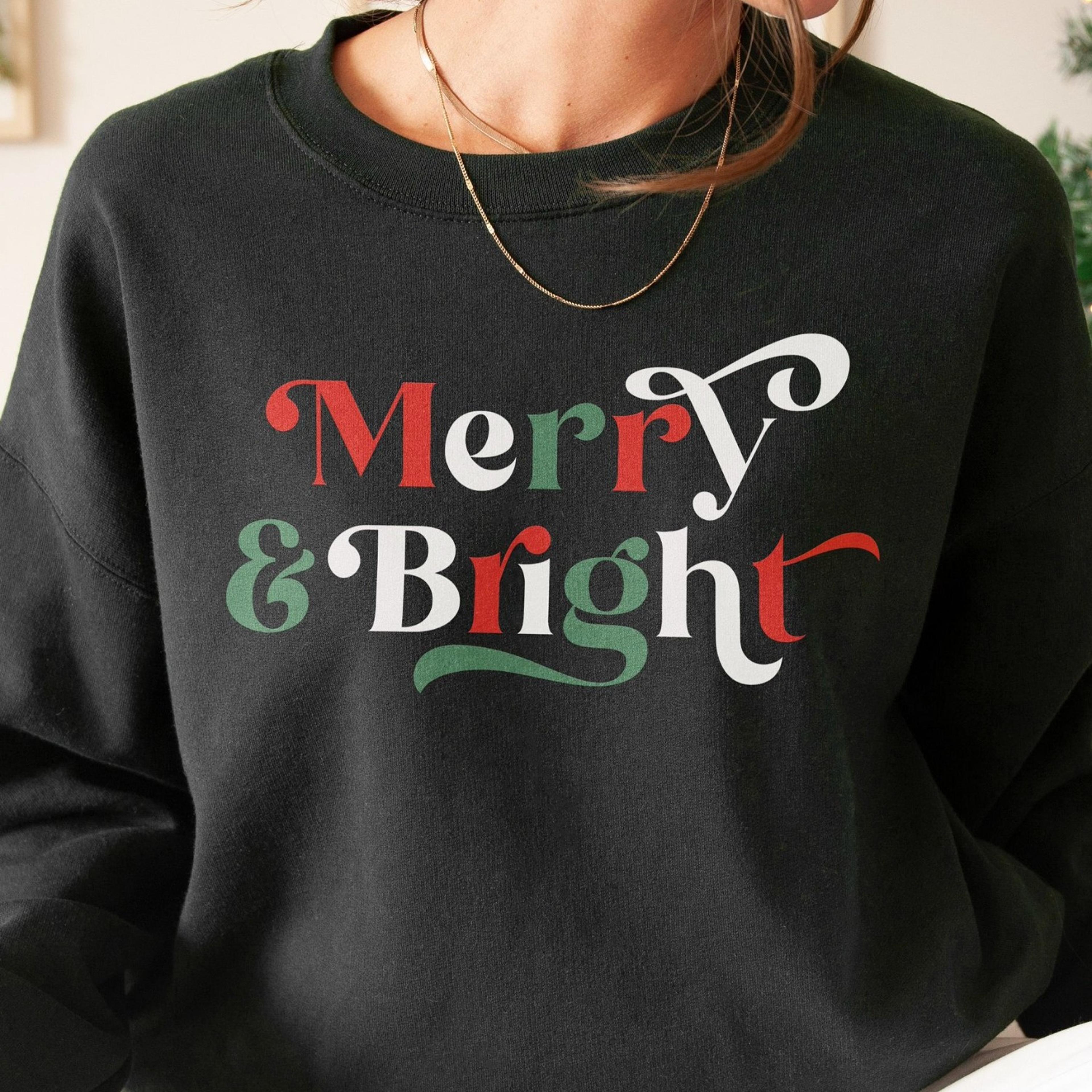 retro 'merry & bright' christmas sweatshirt - cotton blend