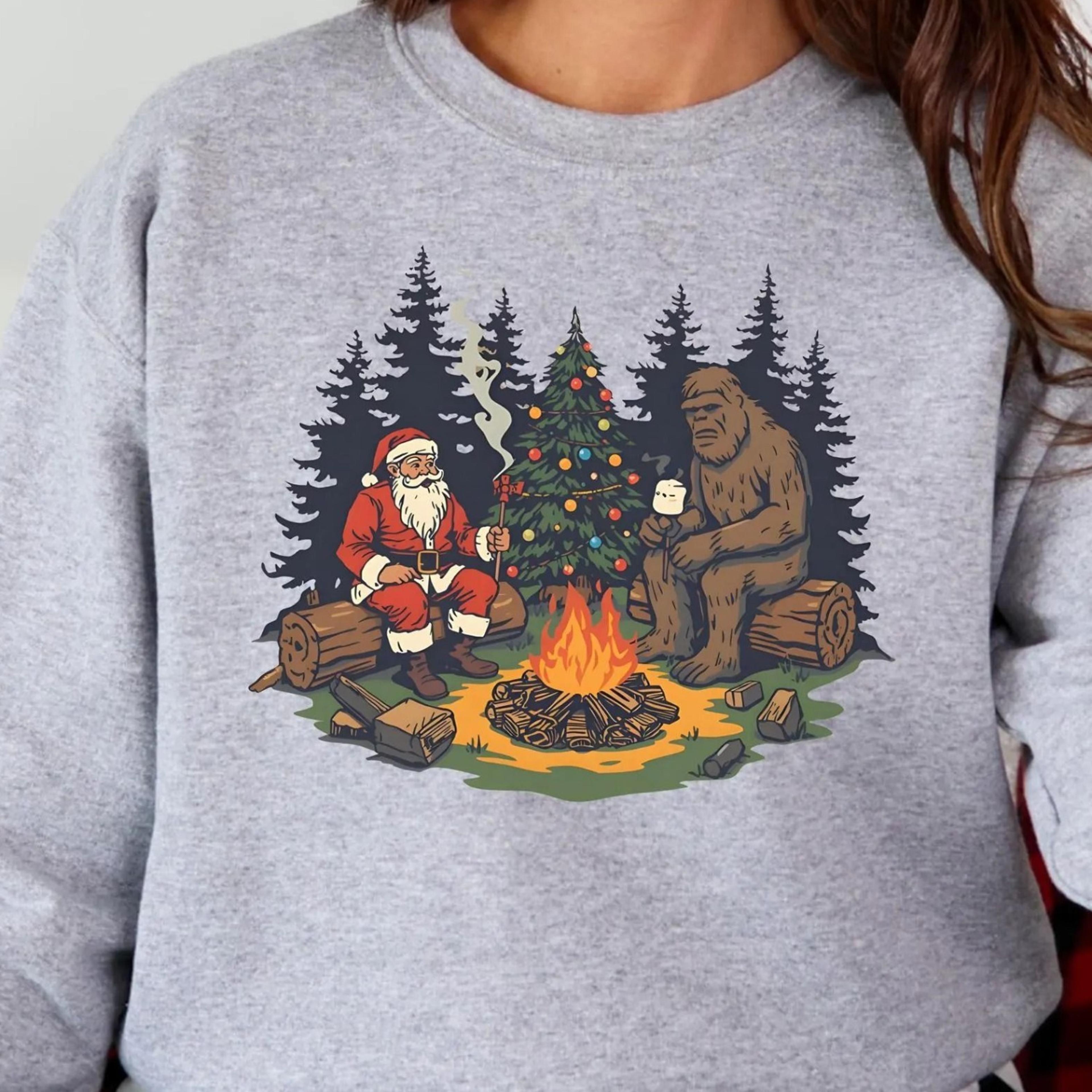 santa bigfoot christmas campfire sweater, sasquatch christmas sweater, ugly christmas sweater, gift for him christmas