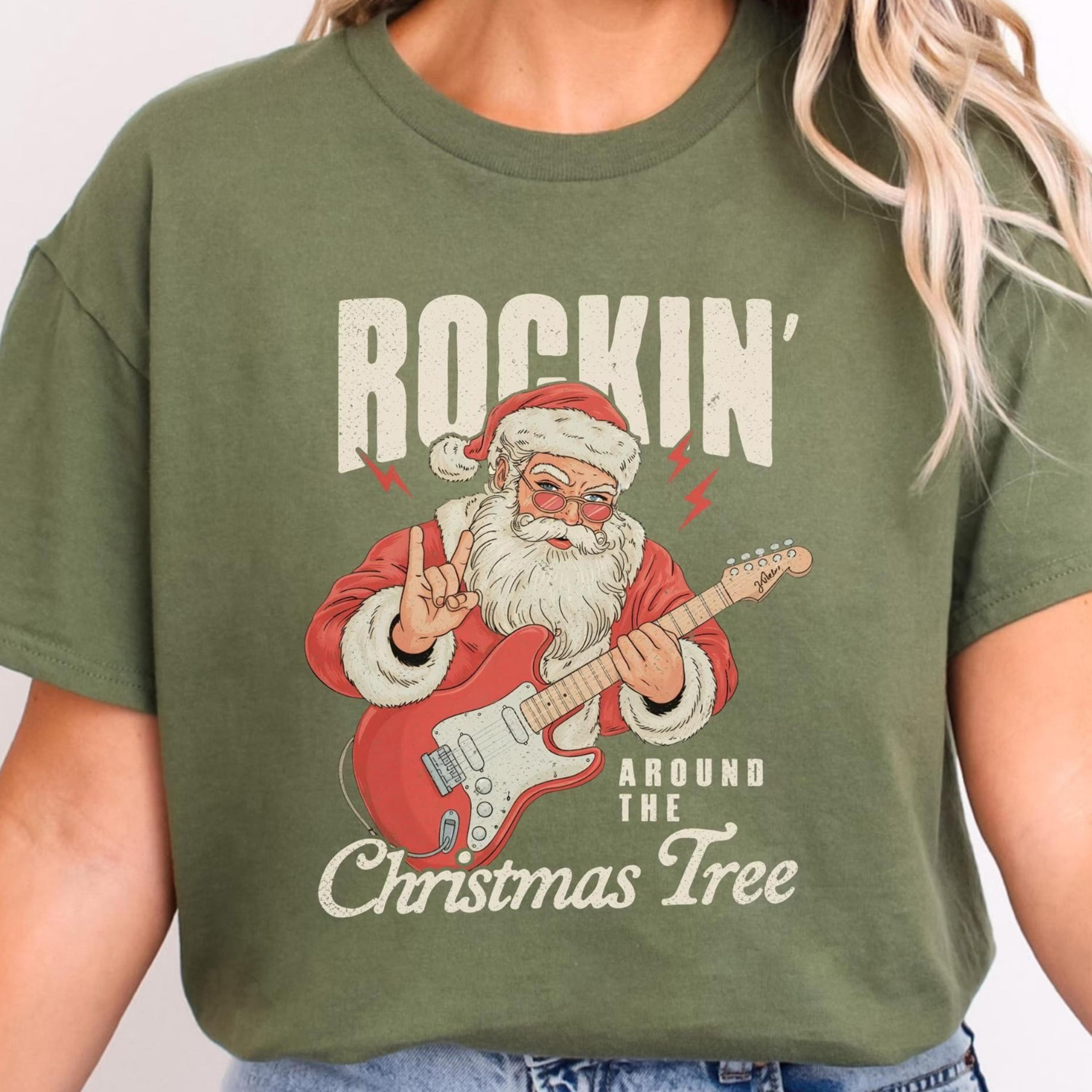 rockin around the christmas tree sweatshirt, retro santa rock music christmas tree, electric guitar christmas shirt, bik