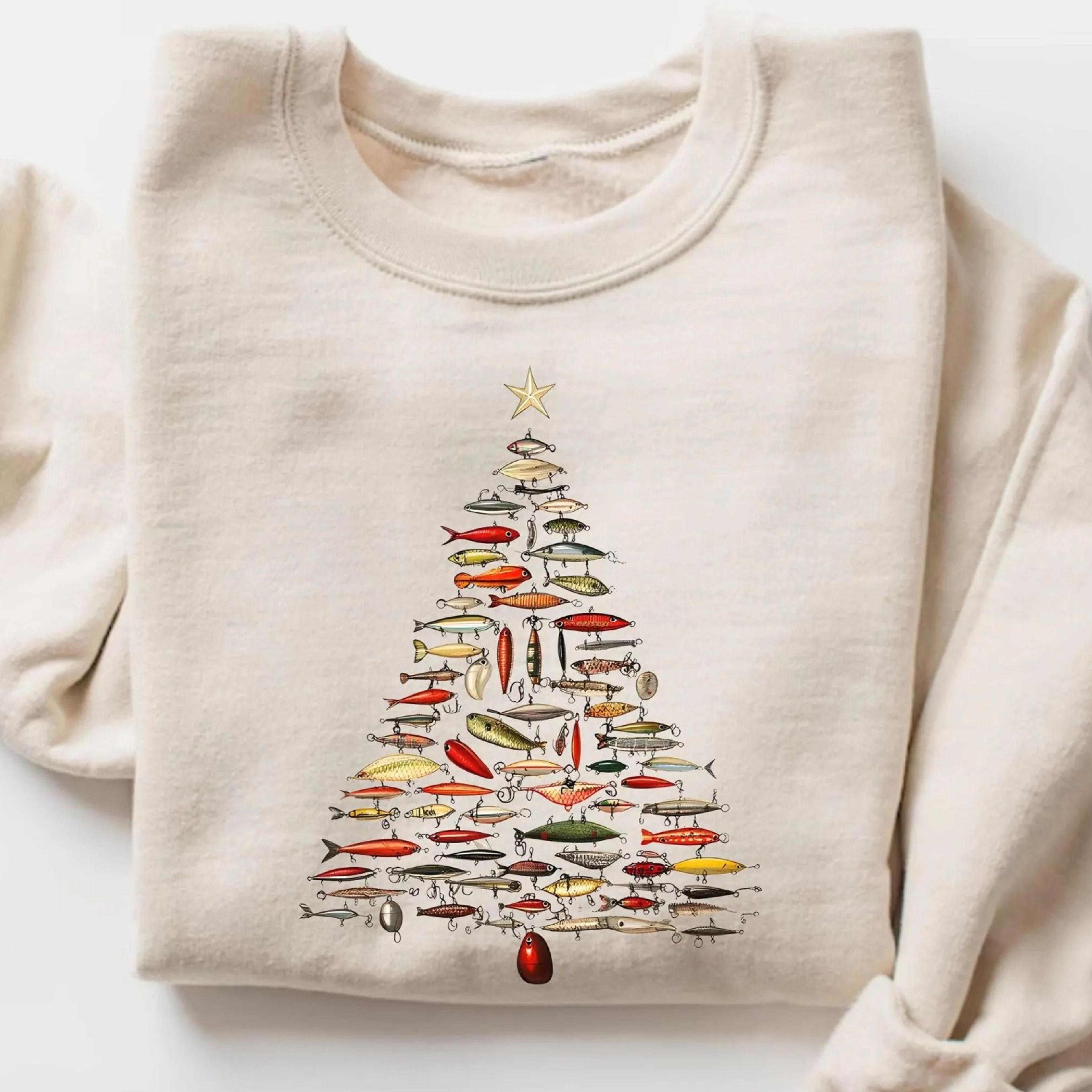 fishing lure christmas tree sweatshirt, fishing christmas gift, retro fisherman x-mas tee, fishing lover gift, angler ch