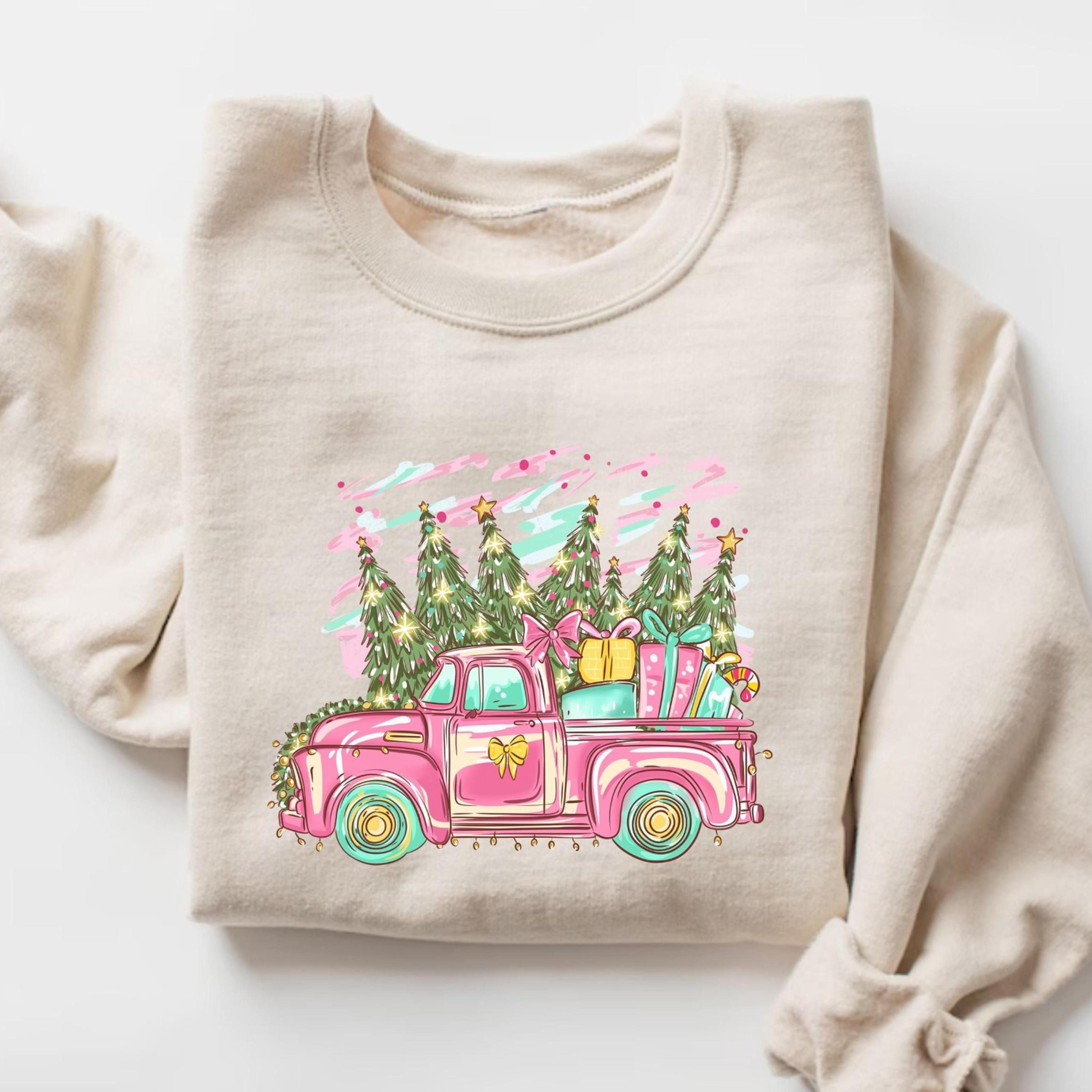 pink christmas truck shirt, chinoiserie christmas jumper, pink christmas sweater, christmas gift