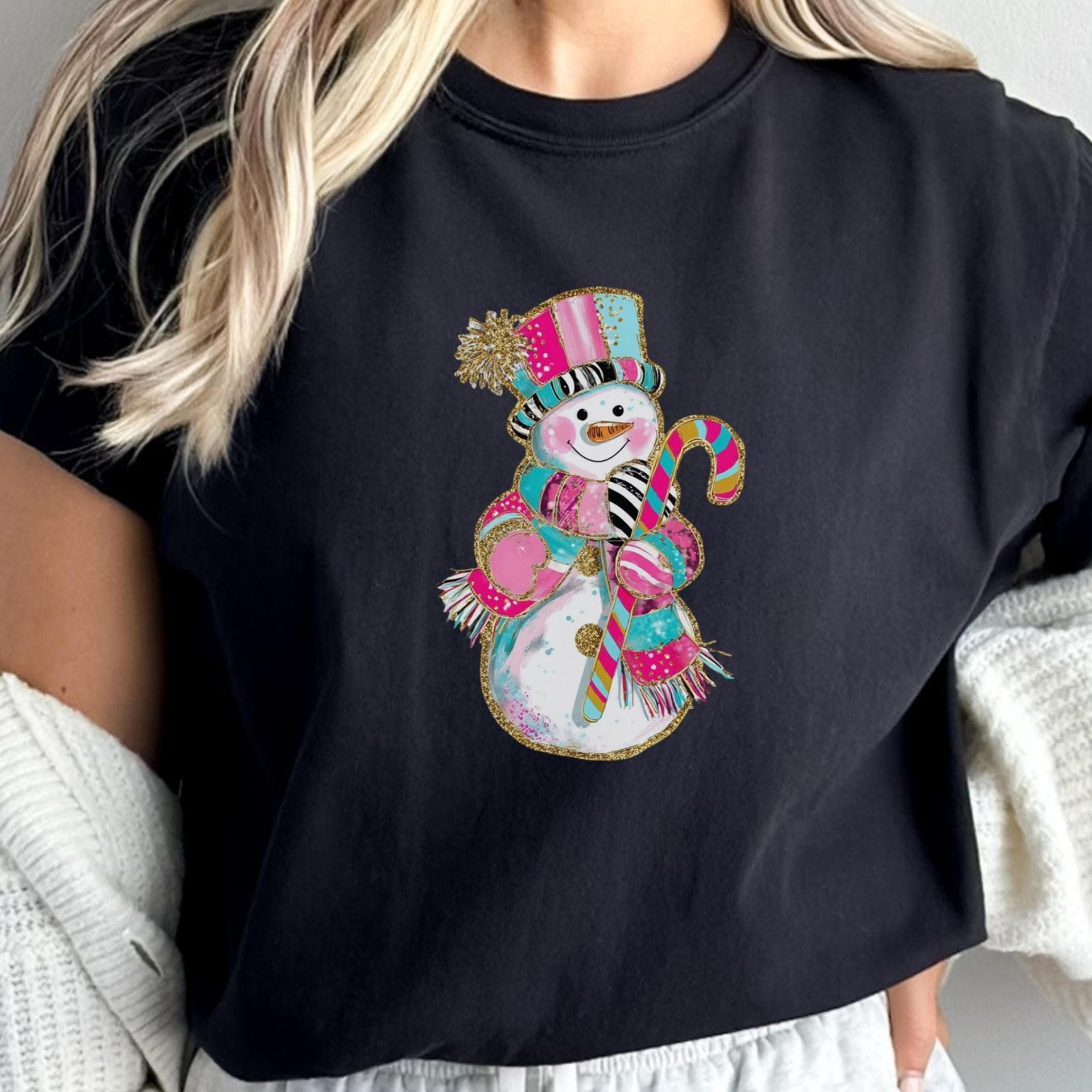 colorful glitter christmas snowman sweatshirt, sparkly christmas sweater, bright holiday shirt, shiny xmas graphic tee,