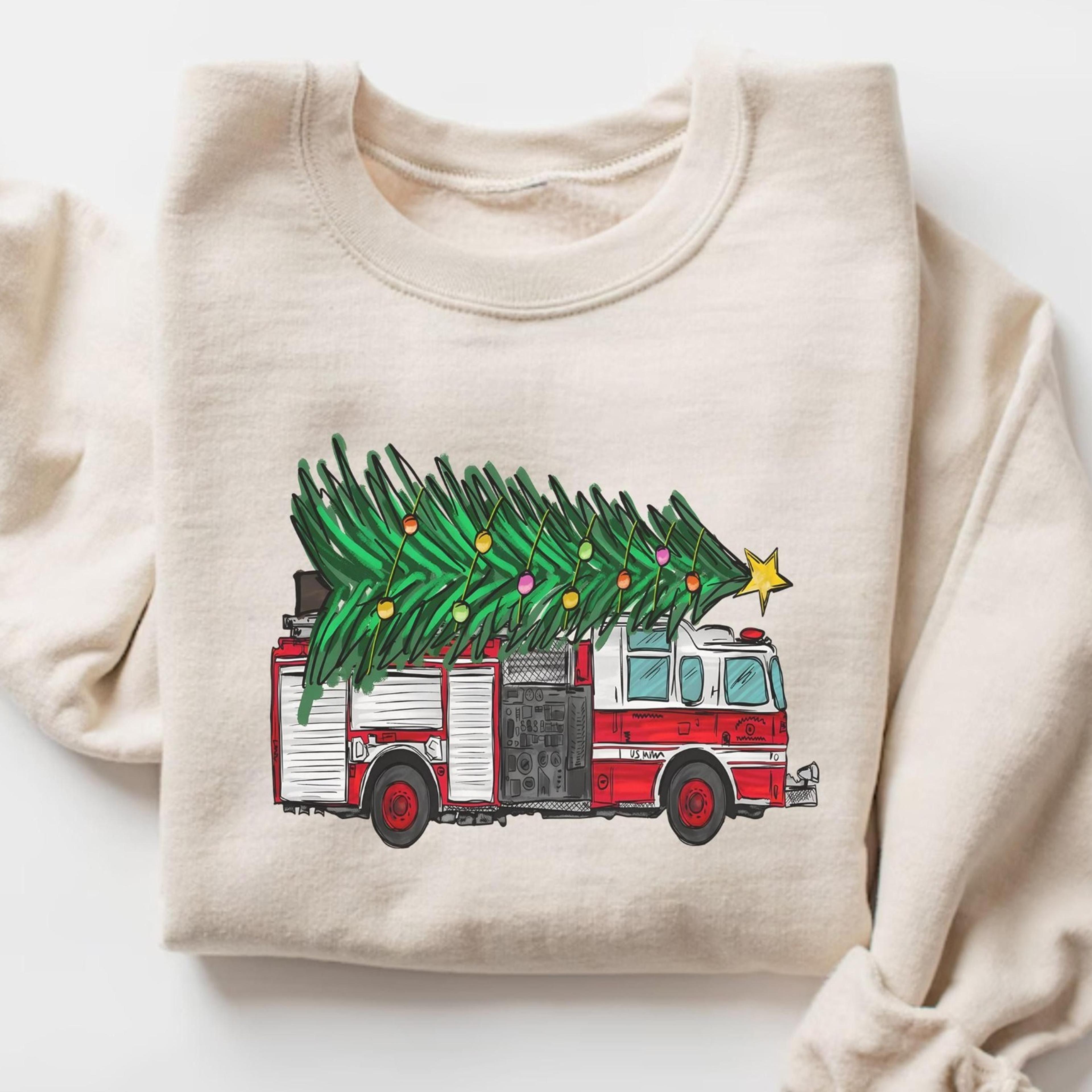 firefighter christmas crewneck, christmas sweatshirt, christmas tree on fire truck sweatshirt, winter sweater, gift for