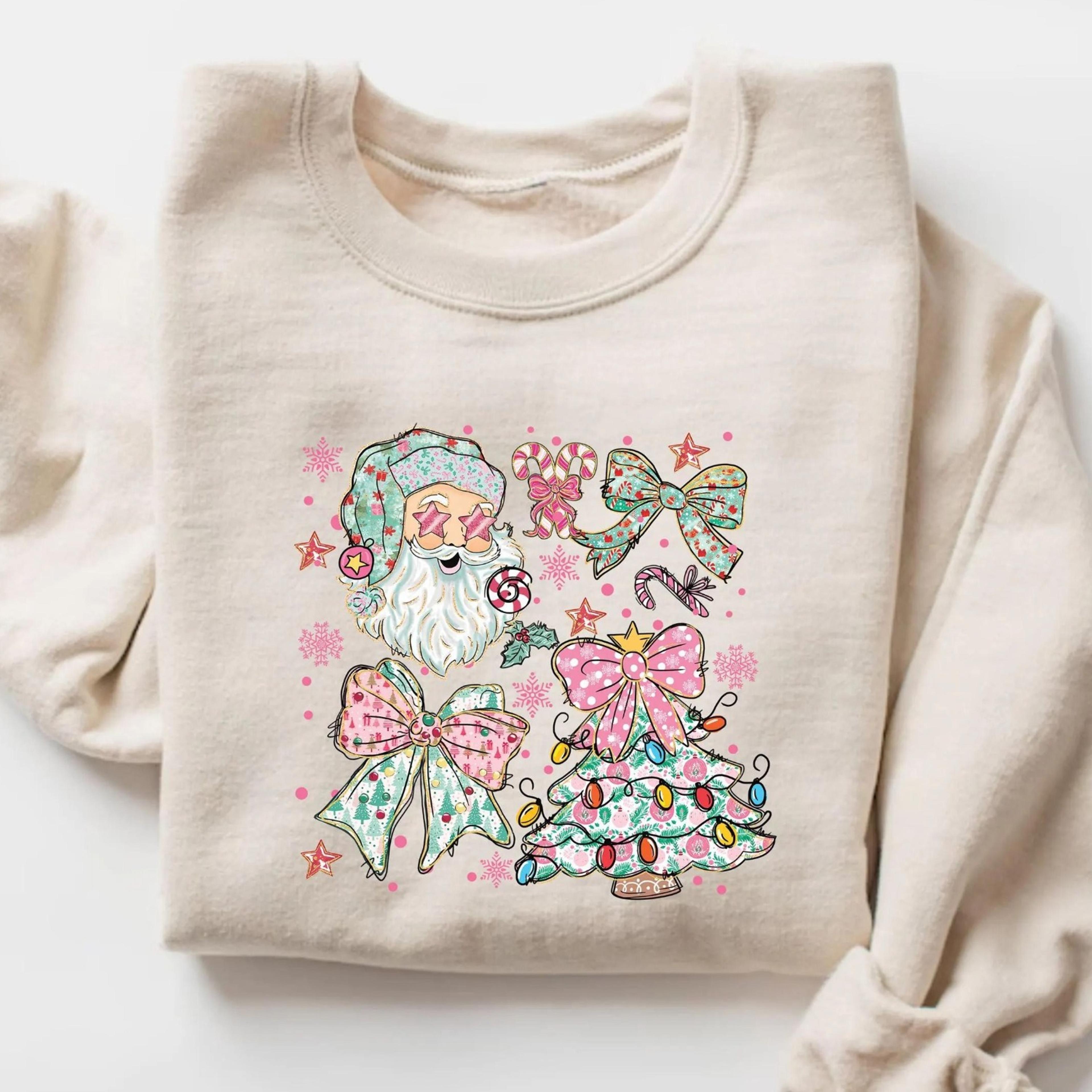 coquette santa christmas sweatshirt, pink green holiday shirt, girly christmas crewneck, trendy holiday gift, pink chris