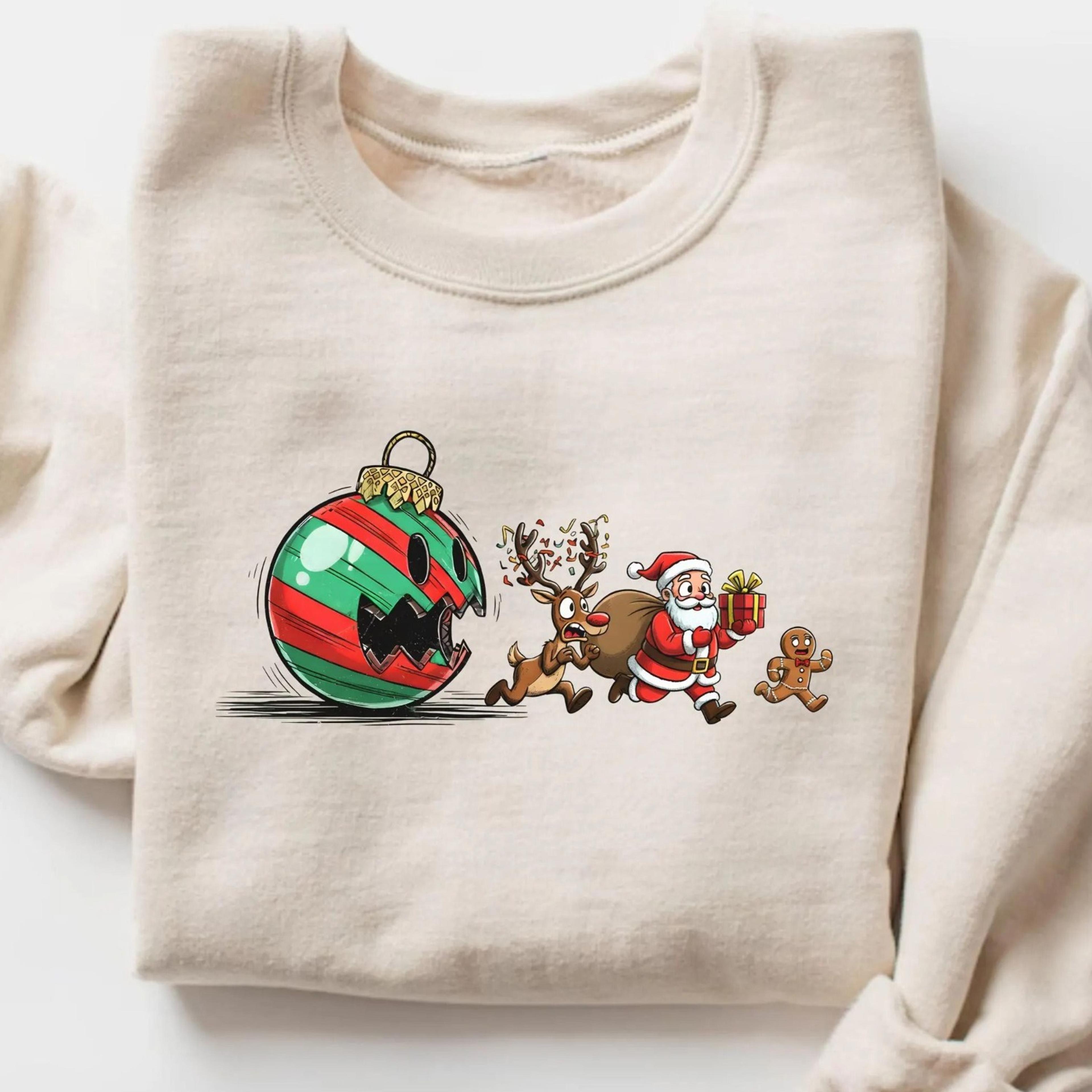 funny christmas sweatshirt, ornament monster holiday shirt, santa reindeer gingerbread humor crewneck, funny christmas g