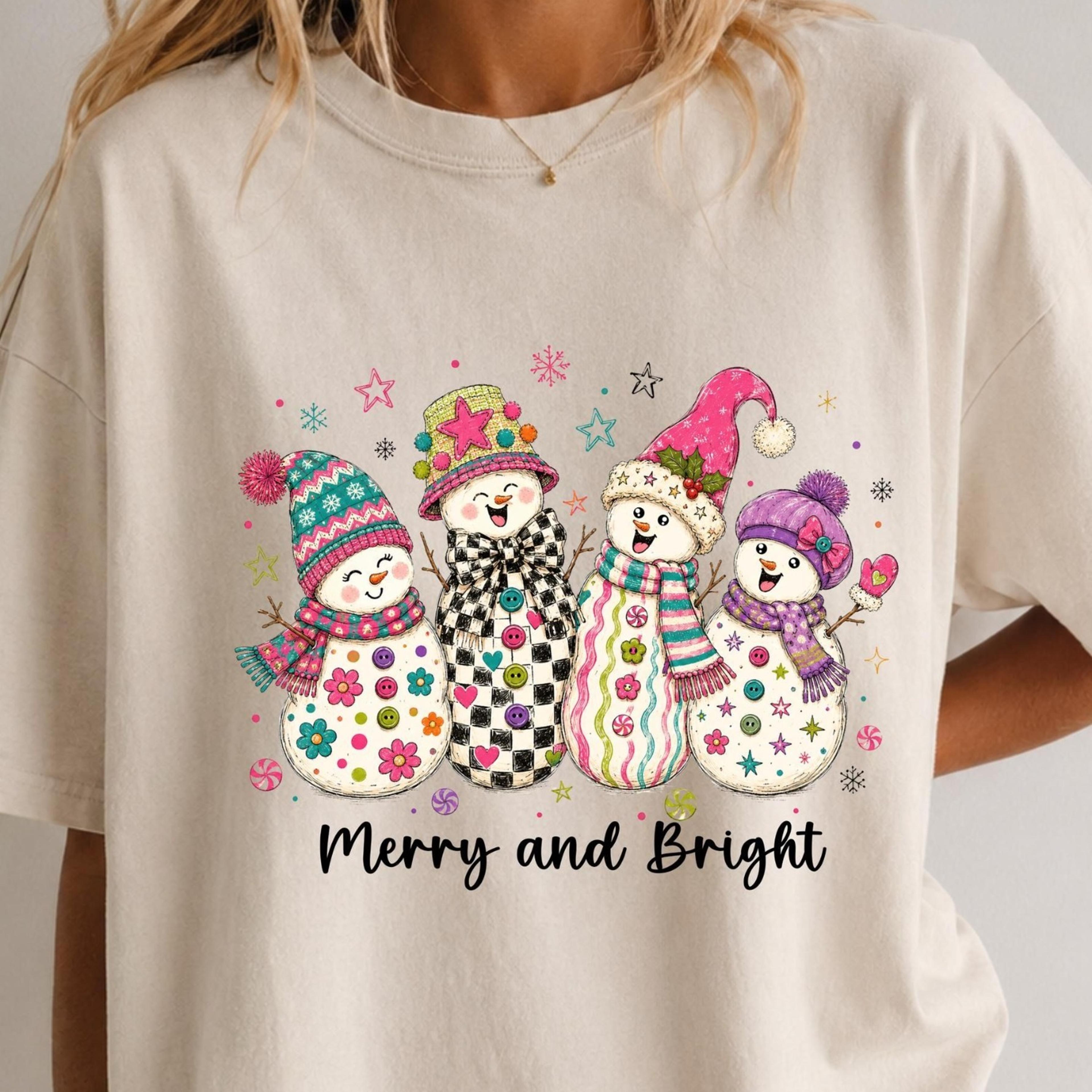 merry and bright snowman shirt cute christmas snowmen tee pink holiday graphic shirt festive winter gift for women