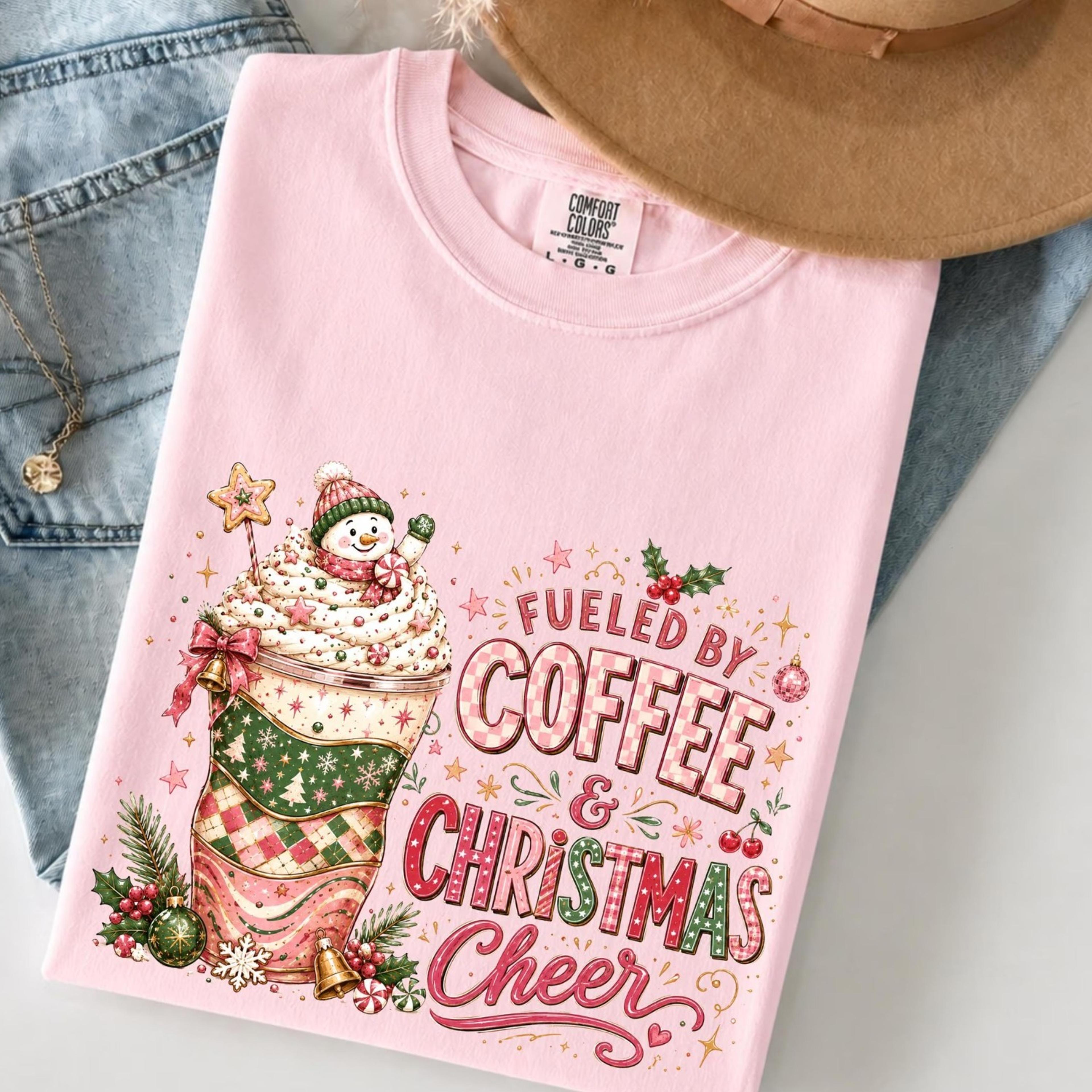christmas coffee shirt fueled by coffee and christmas cheer tee holiday coffee lover shirt cute winter graphic gift for