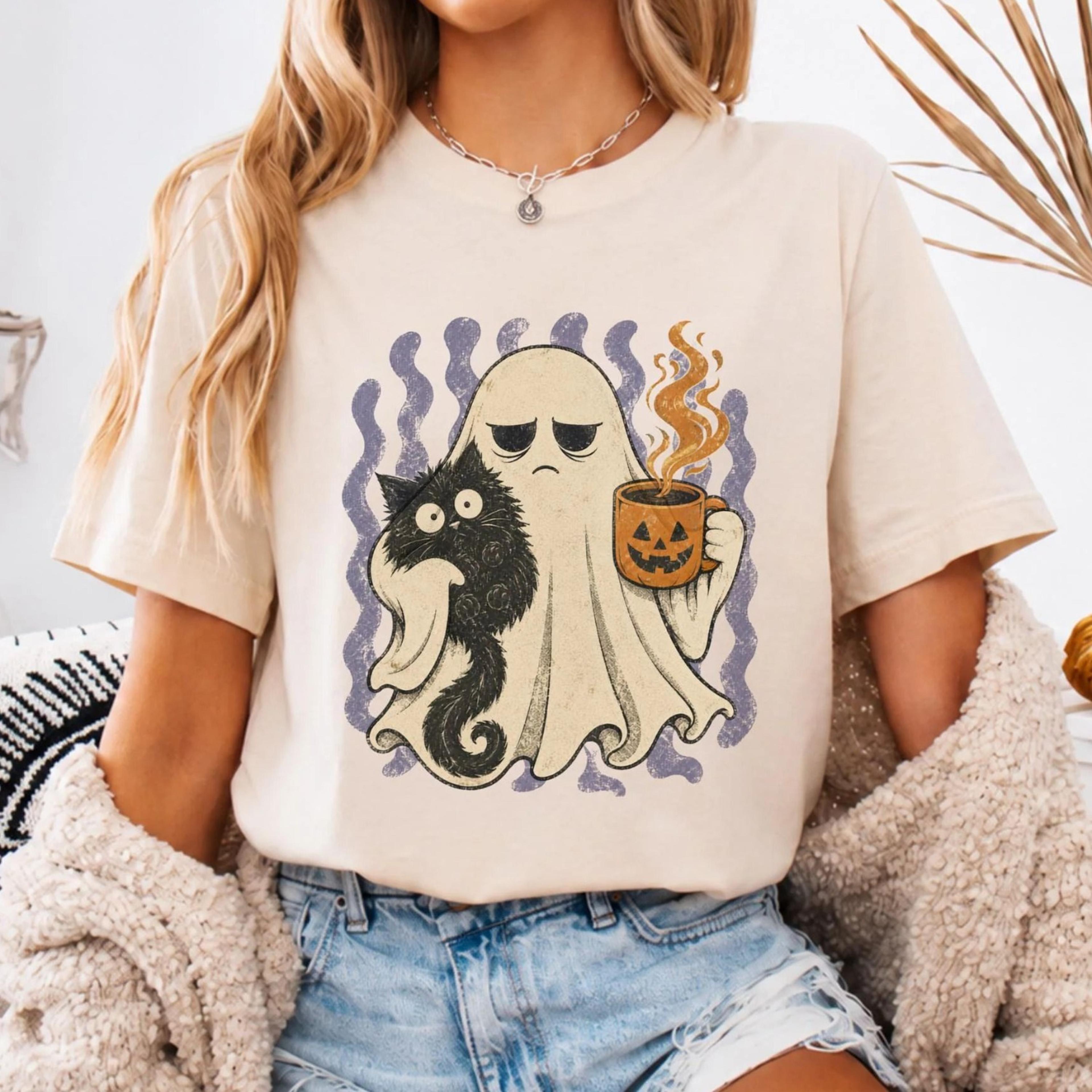 cute ghost halloween shirt spooky season tee ghost cat shirt pumpkin coffee shirt fall graphic tee cozy autumn halloween