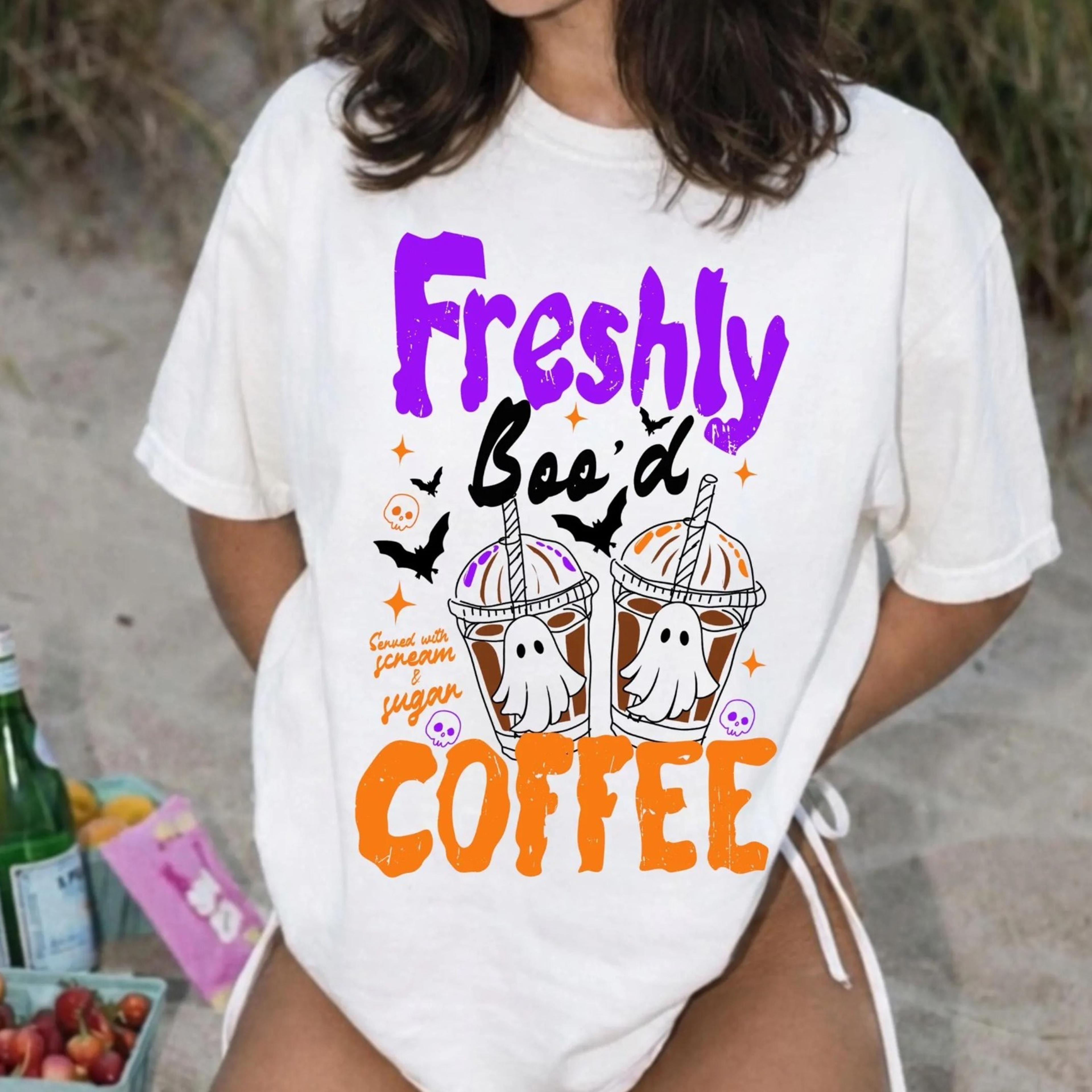freshly booed coffee shirt halloween coffee lover t shirt spooky coffee graphic tee ghost iced coffee fall cafe aestheti