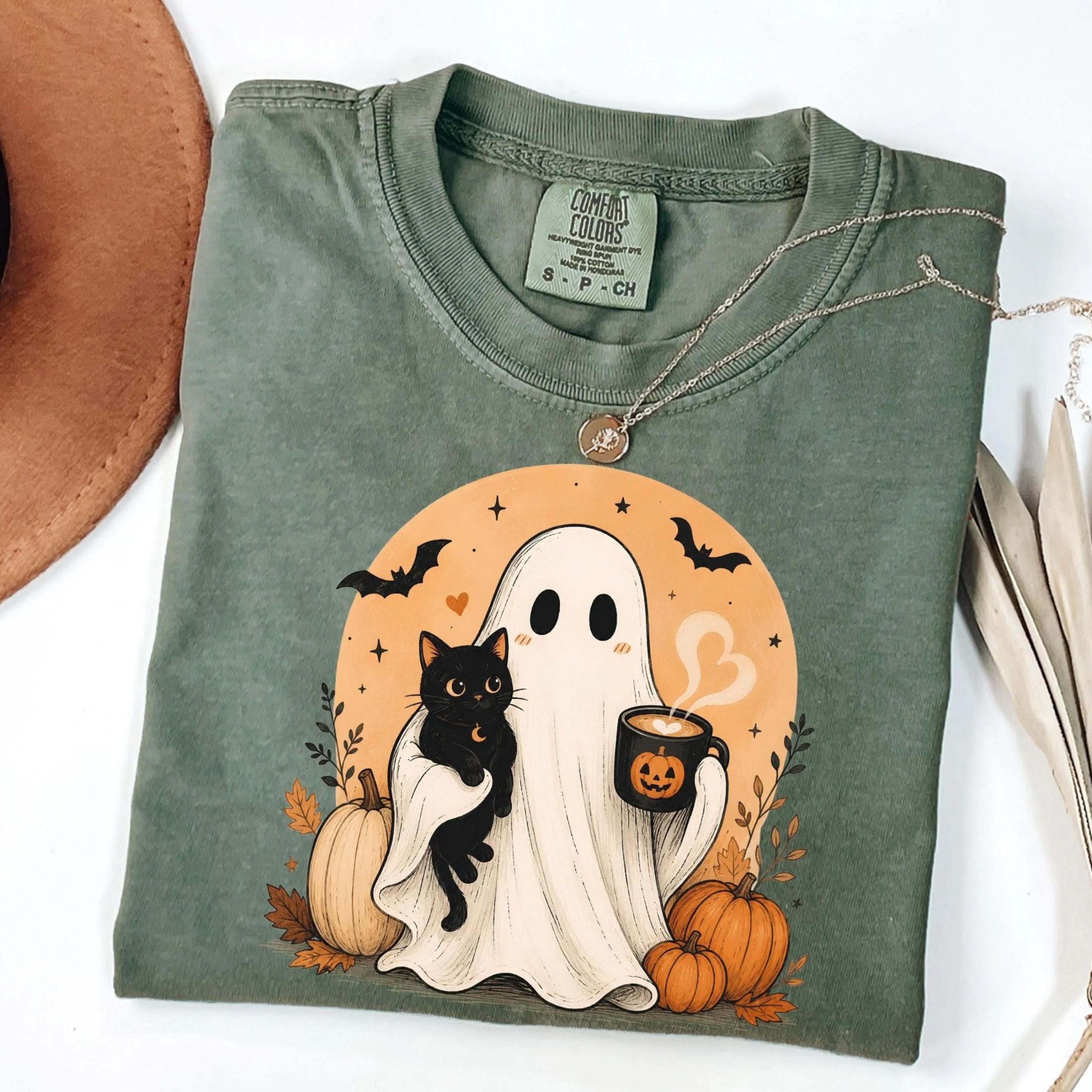 cute fall ghost cat t-shirt, pumpkin spice coffee shirt, cozy autumn outfit