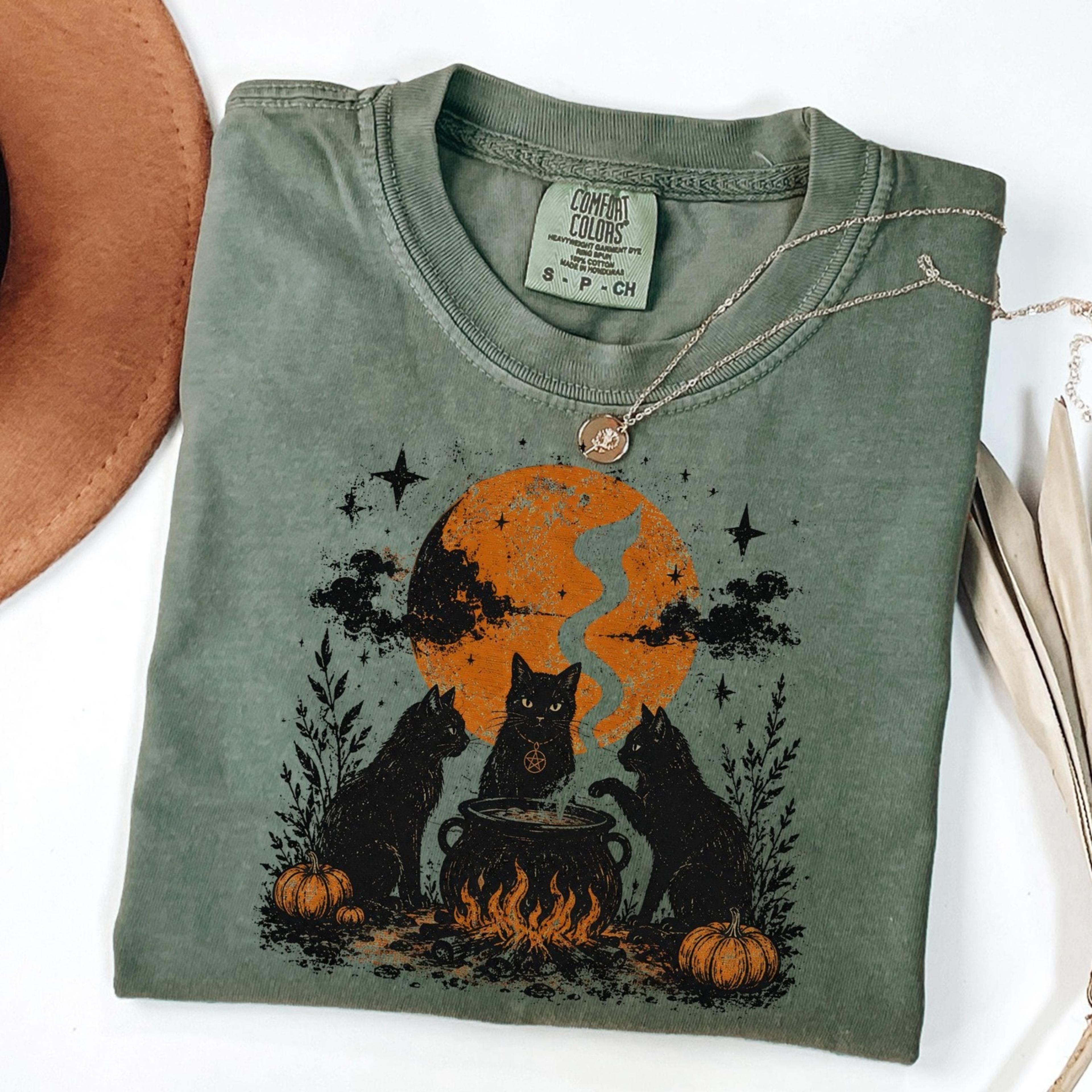 witch cat coven halloween shirt, black cat cauldron t-shirt, spooky cat moon pumpkin shirt, gothic cottagecore cat lover