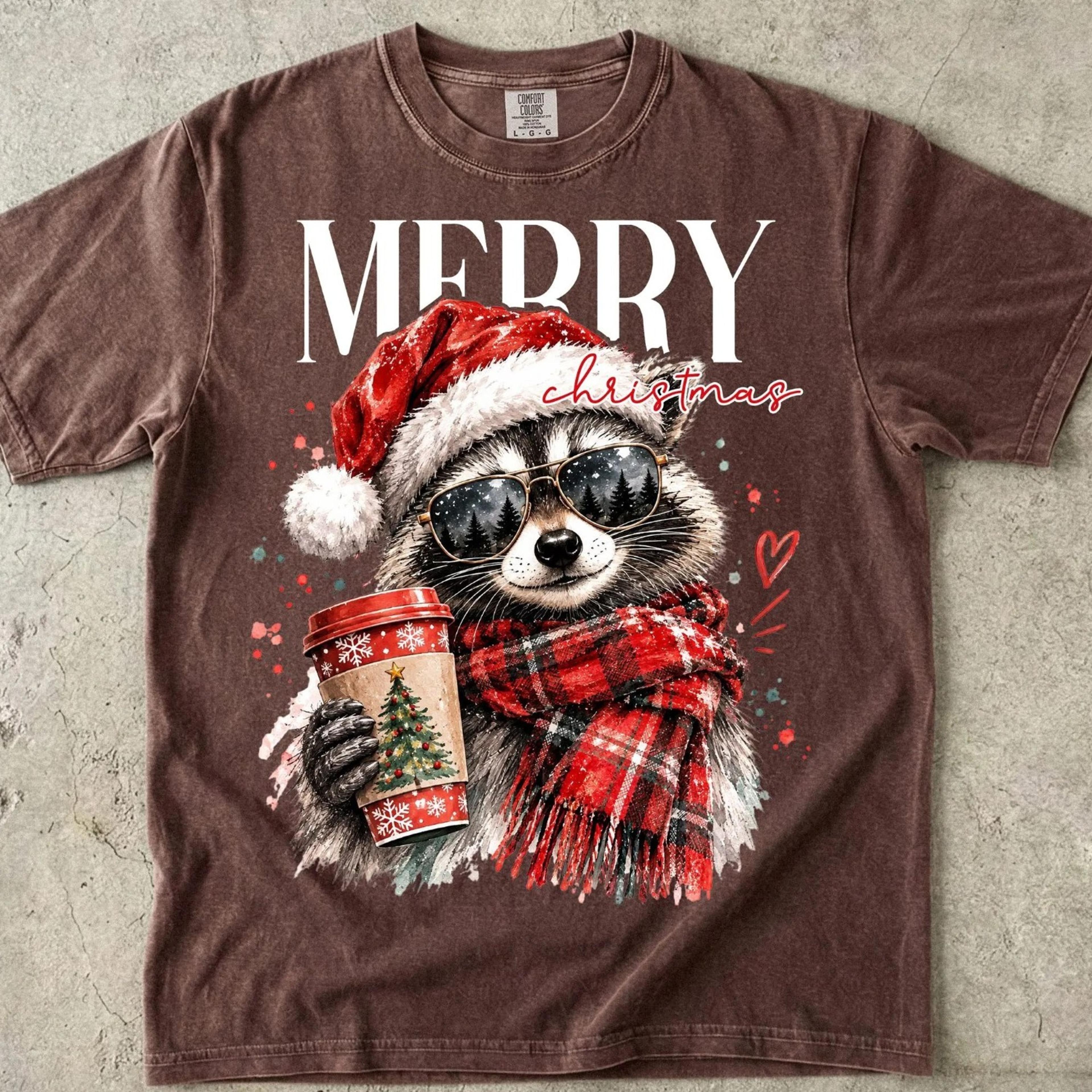 merry christmas raccoon shirt, festive holiday animal t-shirt, funny christmas raccoon outfit, raccoon drinking coffee