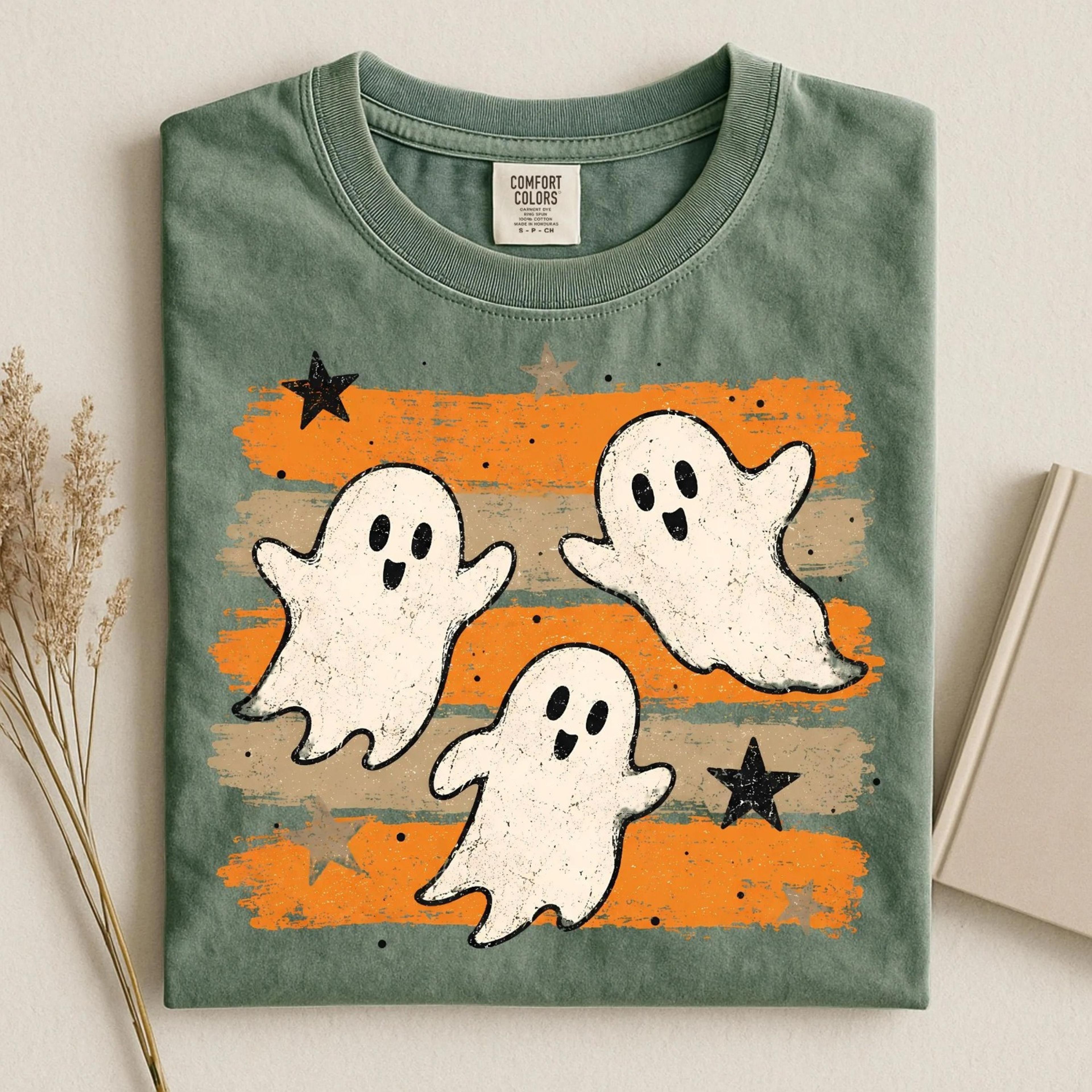 striped ghosts shirt, spooky season ghost tee, women's fall gift, trendy halloween graphic apparel, spooky party shirt