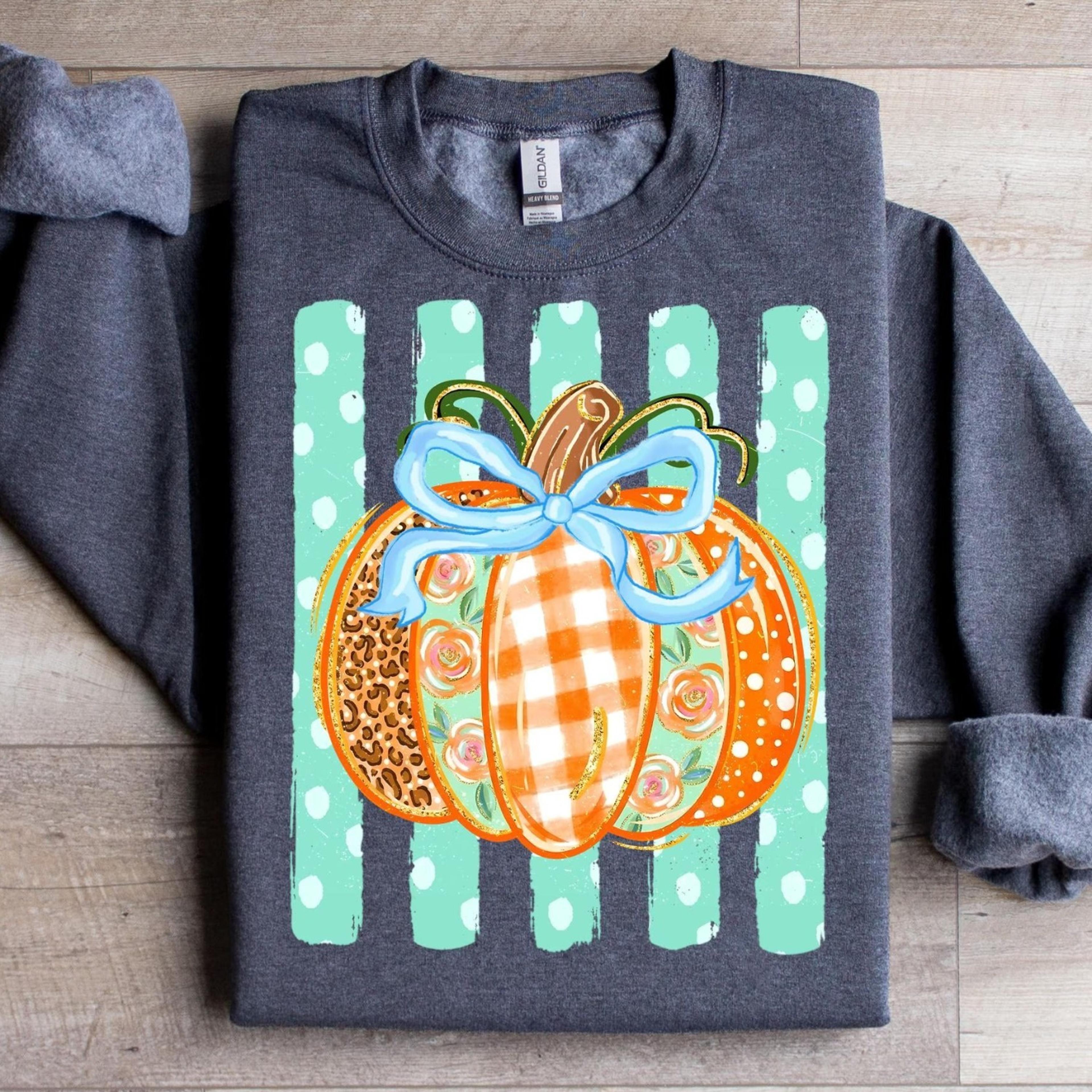 striped preppy fall pumpkin faux glitter sweatshirt, floral pumpkin bow shirt, trending cozy season top, coquette autumn