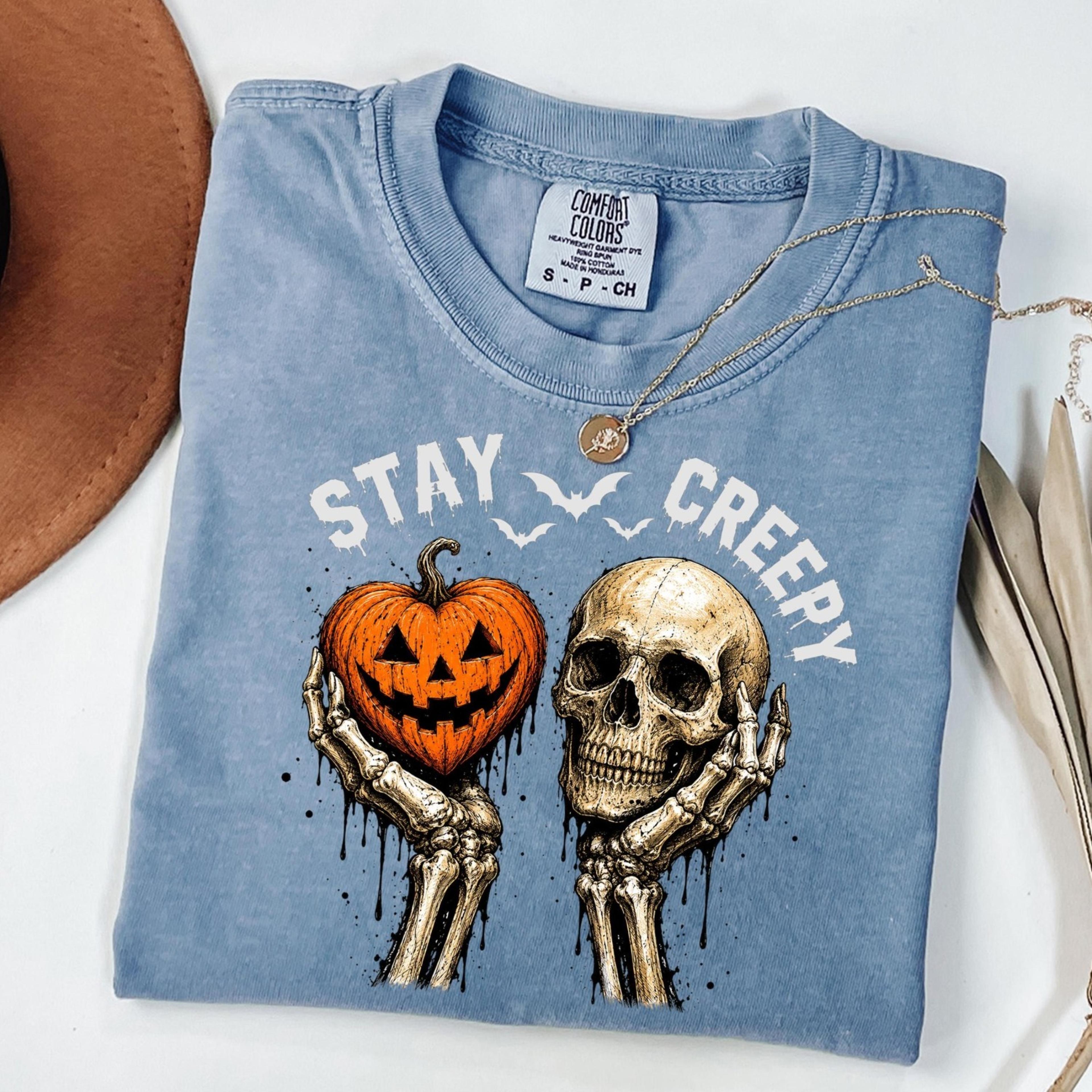 stay creepy shirt, retro pumpkin skull skeleton tee, vintage halloween spooky season, gothic horror lover