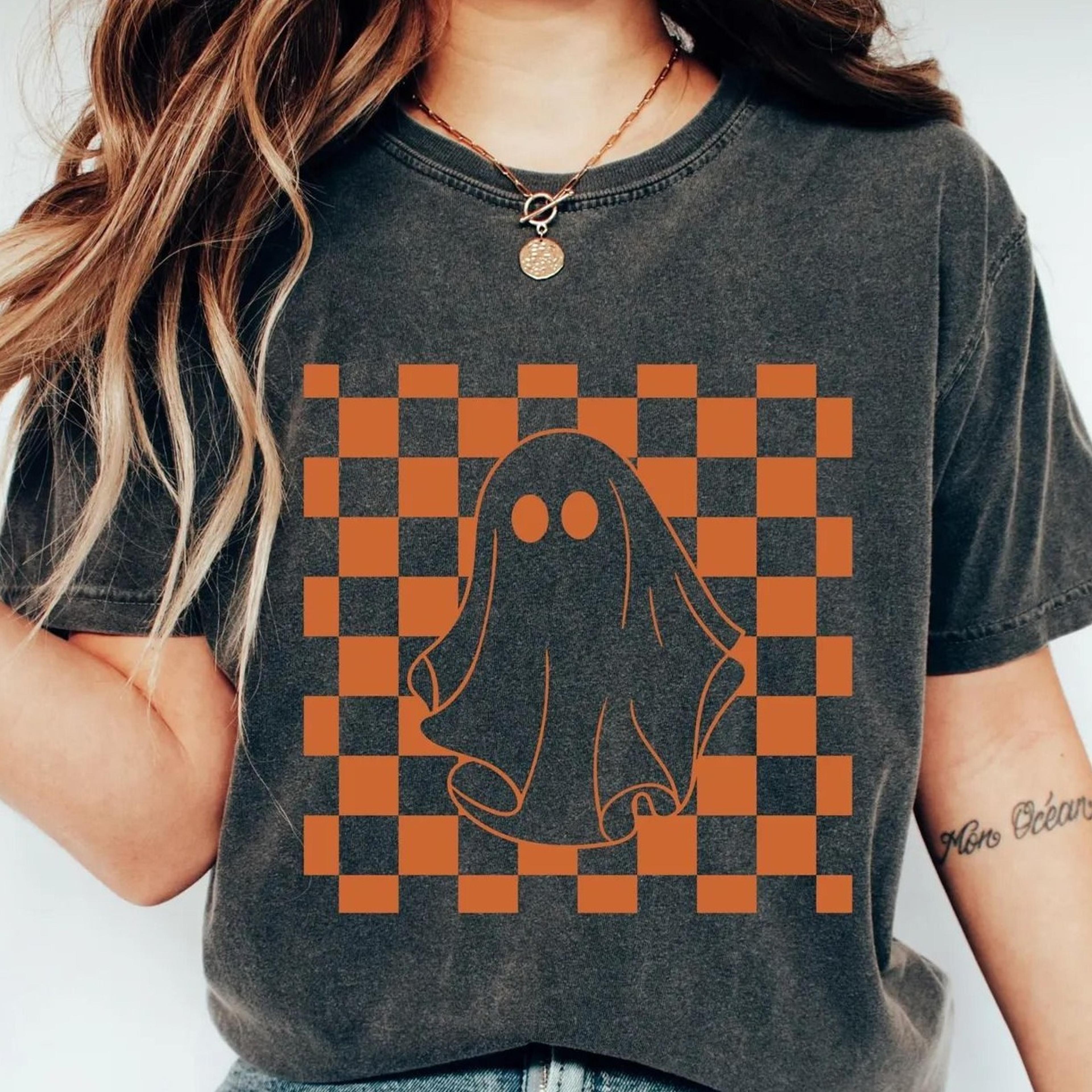 checkered ghost shirt, retro halloween sweatshirt, preppy halloween shirt for woman, funny halloween gifts, aesthetic ha