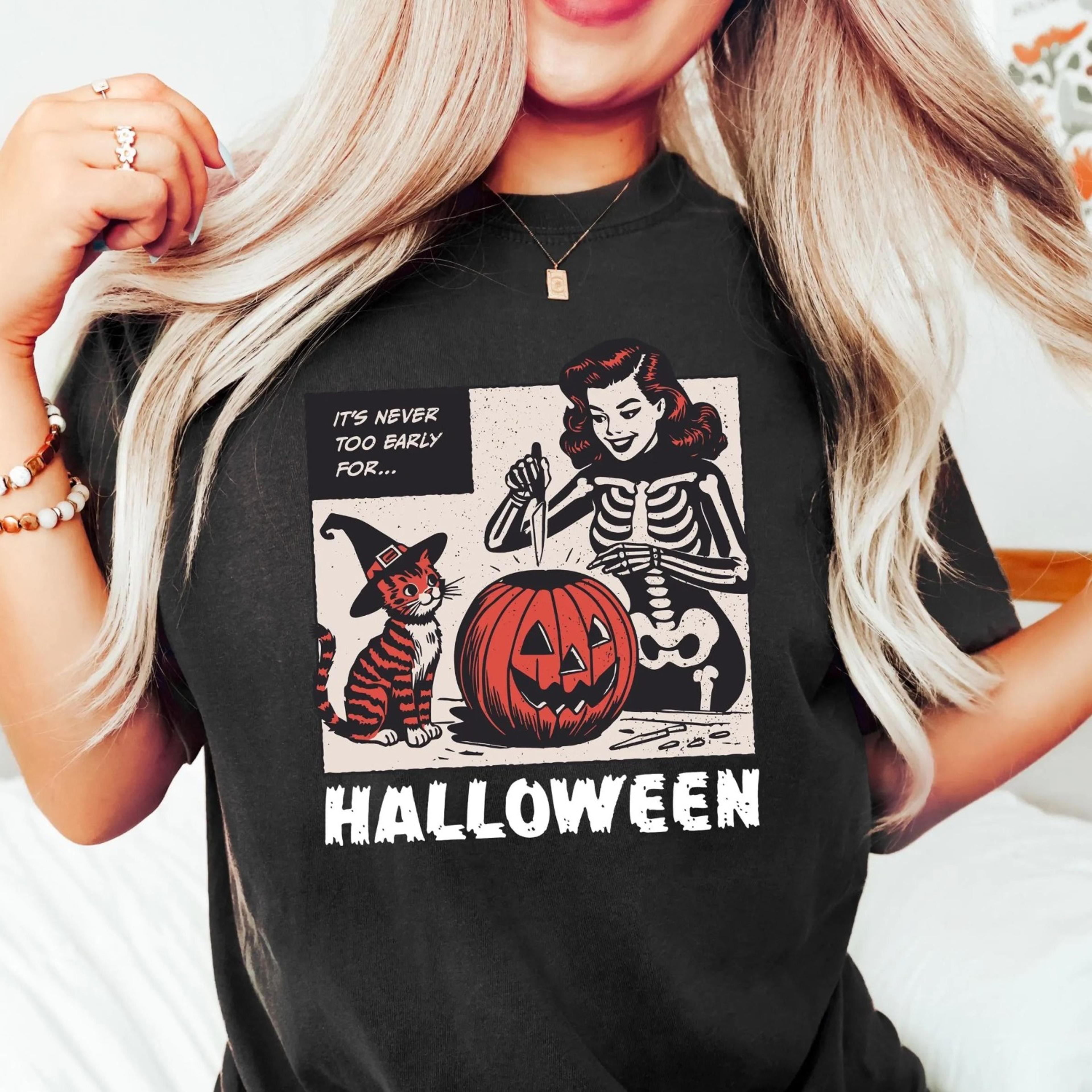 retro halloween sweatshirt, it's never too early for halloween shirt, cat halloween tshirt, scary black cat shirt