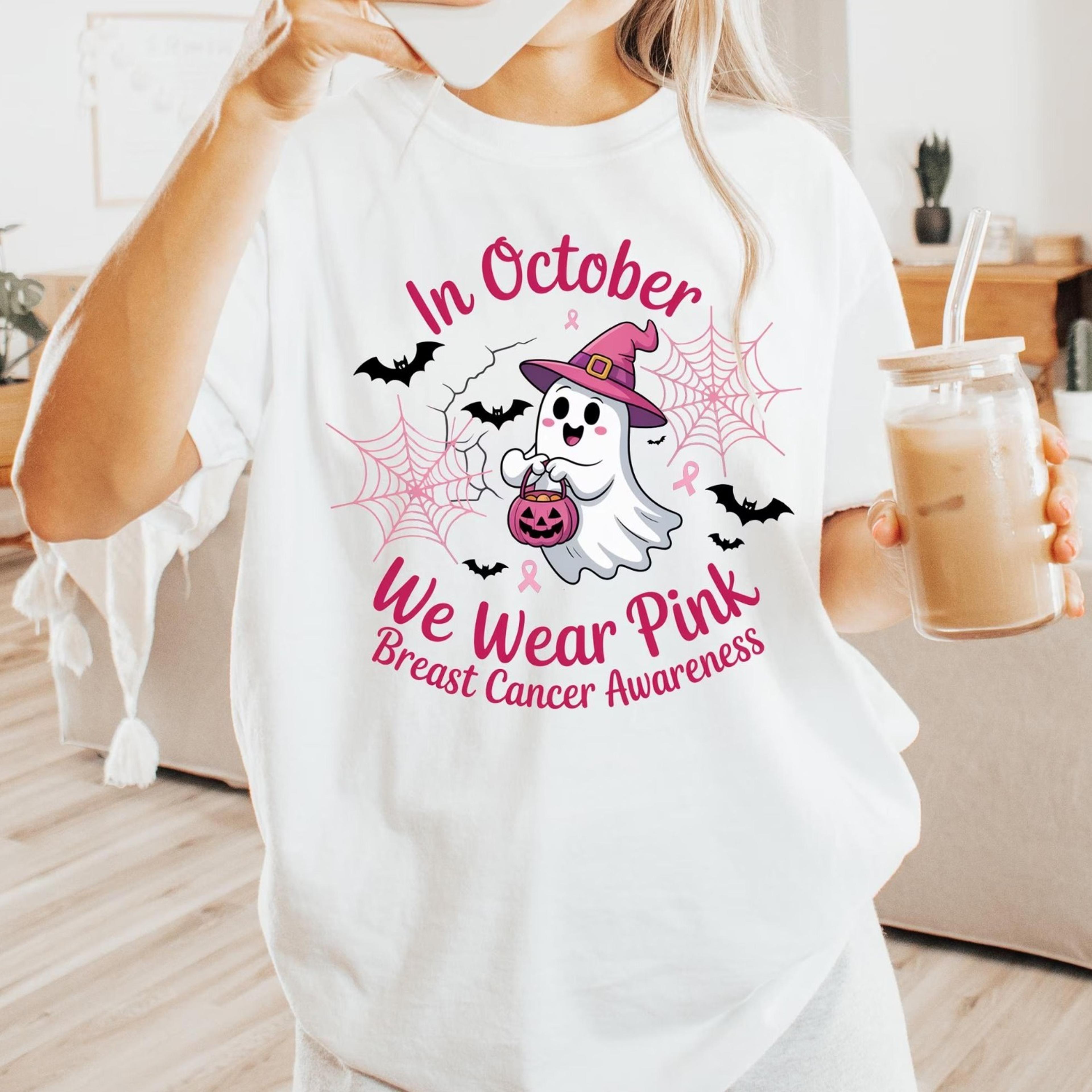 in october we wear pink shirt breast cancer awareness halloween ghost tee pink ribbon survivor support fall graphic