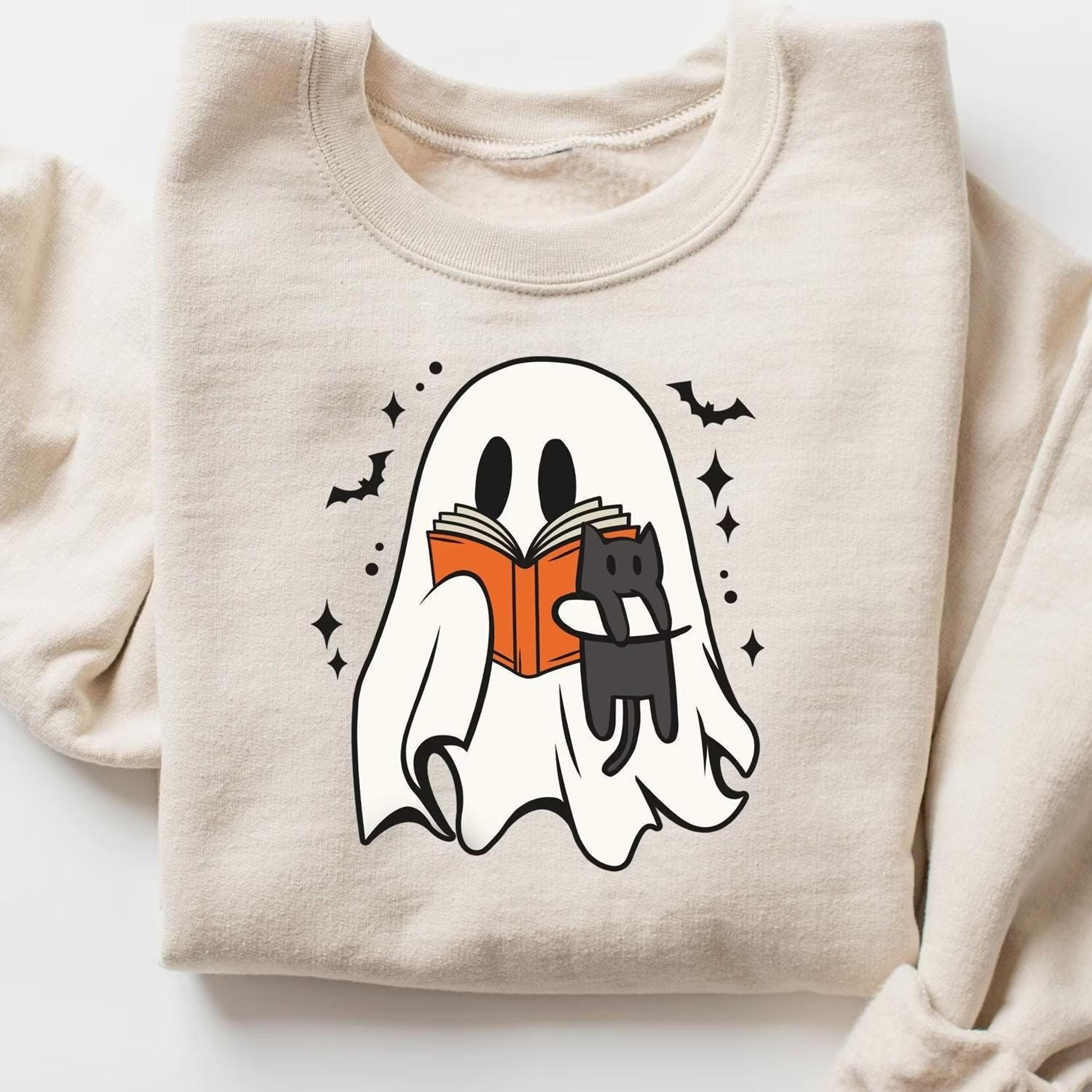 halloween ghost shirt, cat halloween sweatshirt, ghost read shirt, halloween gift, halloween cat shirt, black cat lover